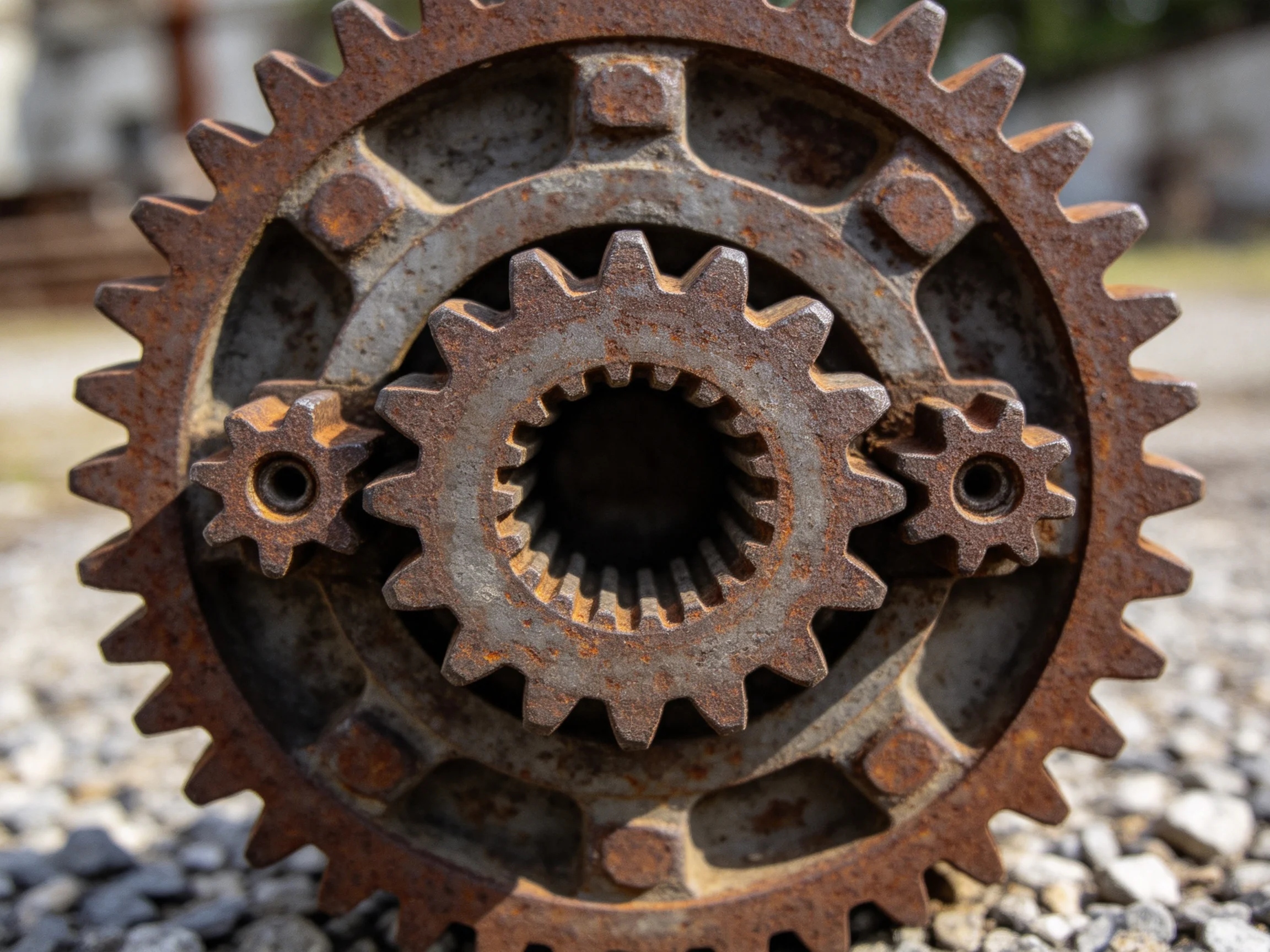Rusty Gear Assembly with Interlocking Cogs on Gravel