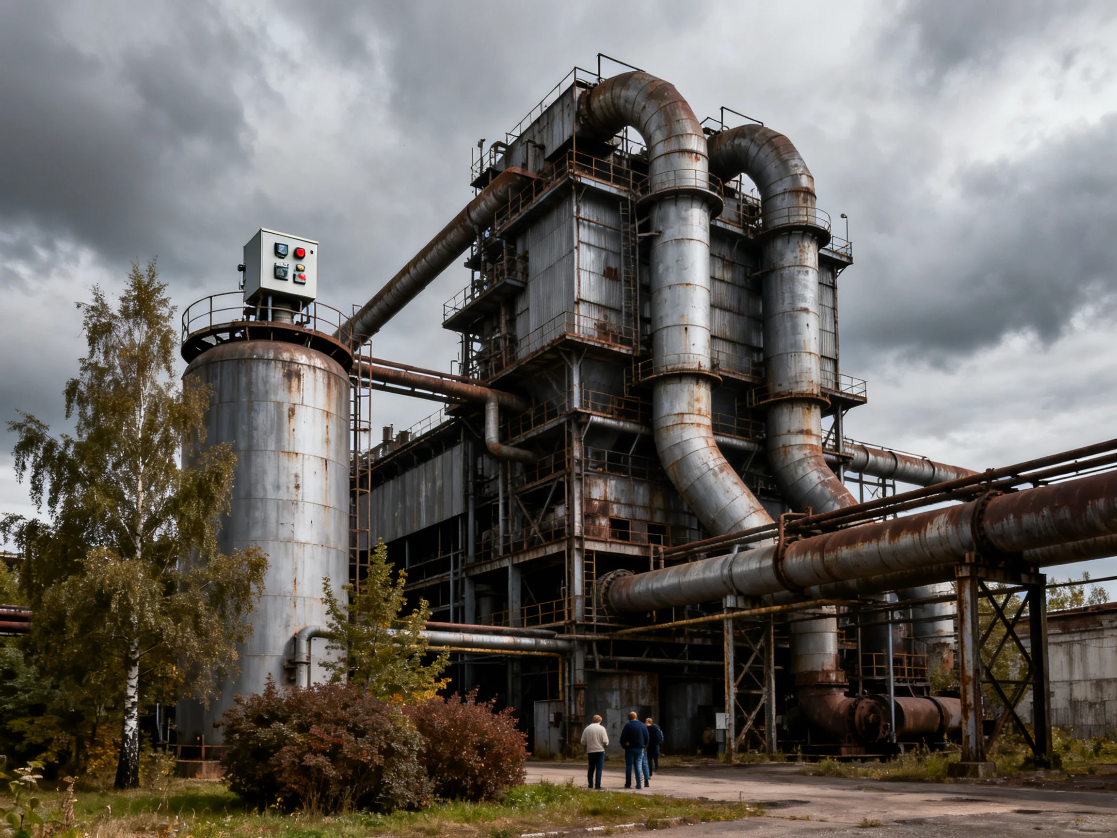 Rusty Industrial Pipes and Structures Under Stormy Skies