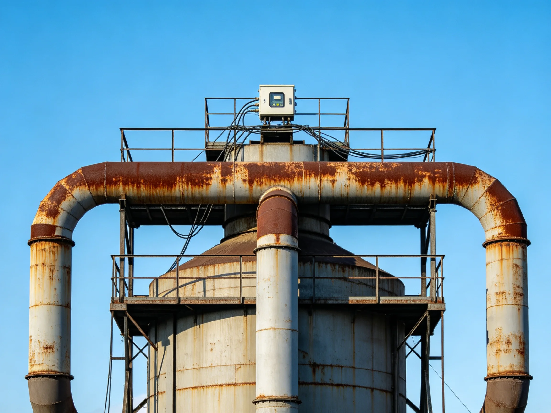 Rusty Industrial Pipework and Cylindrical Tank Under Clear Blue Sky