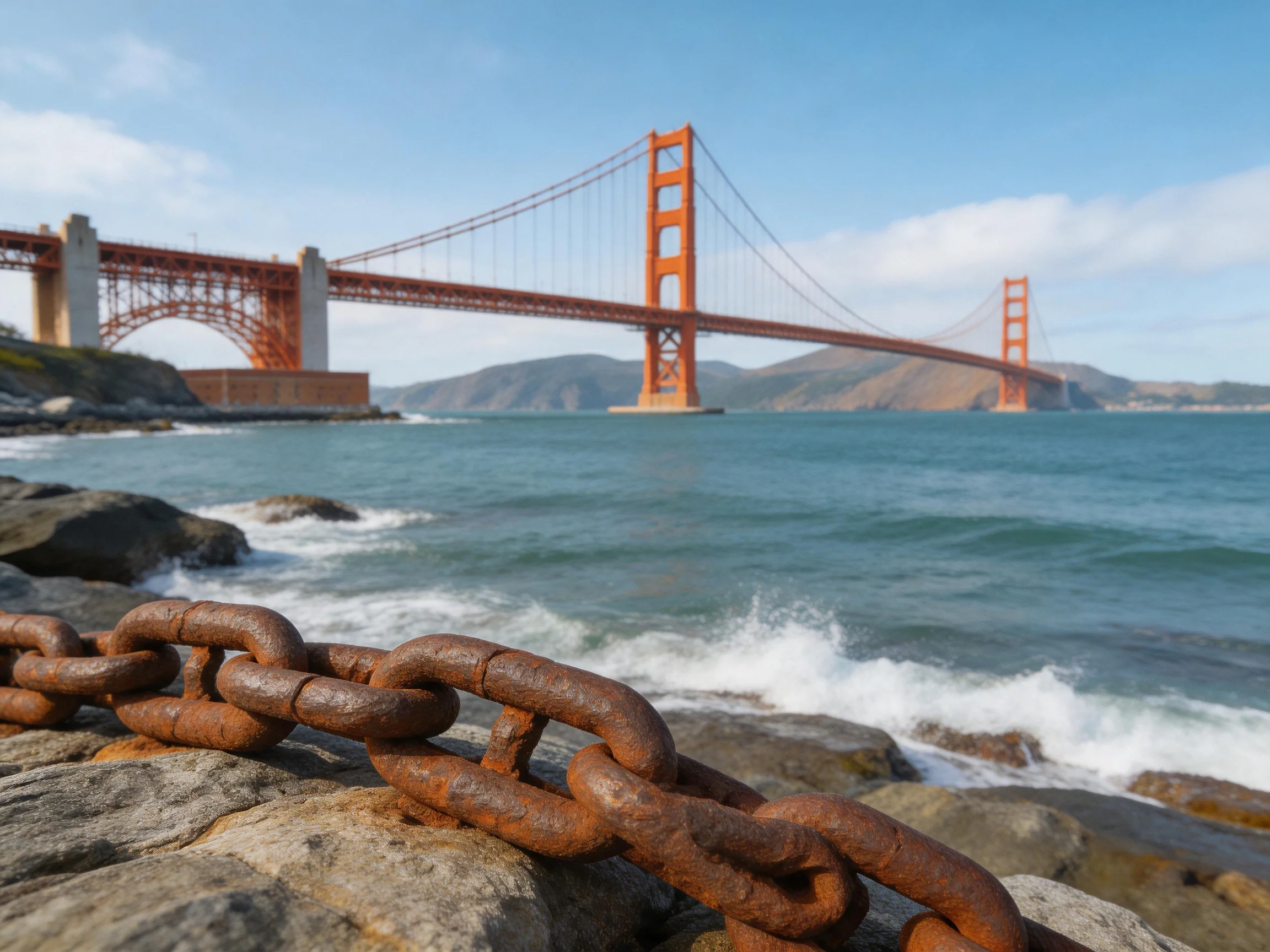 Rusty chain on rocky shore beside iconic orange suspension bridge