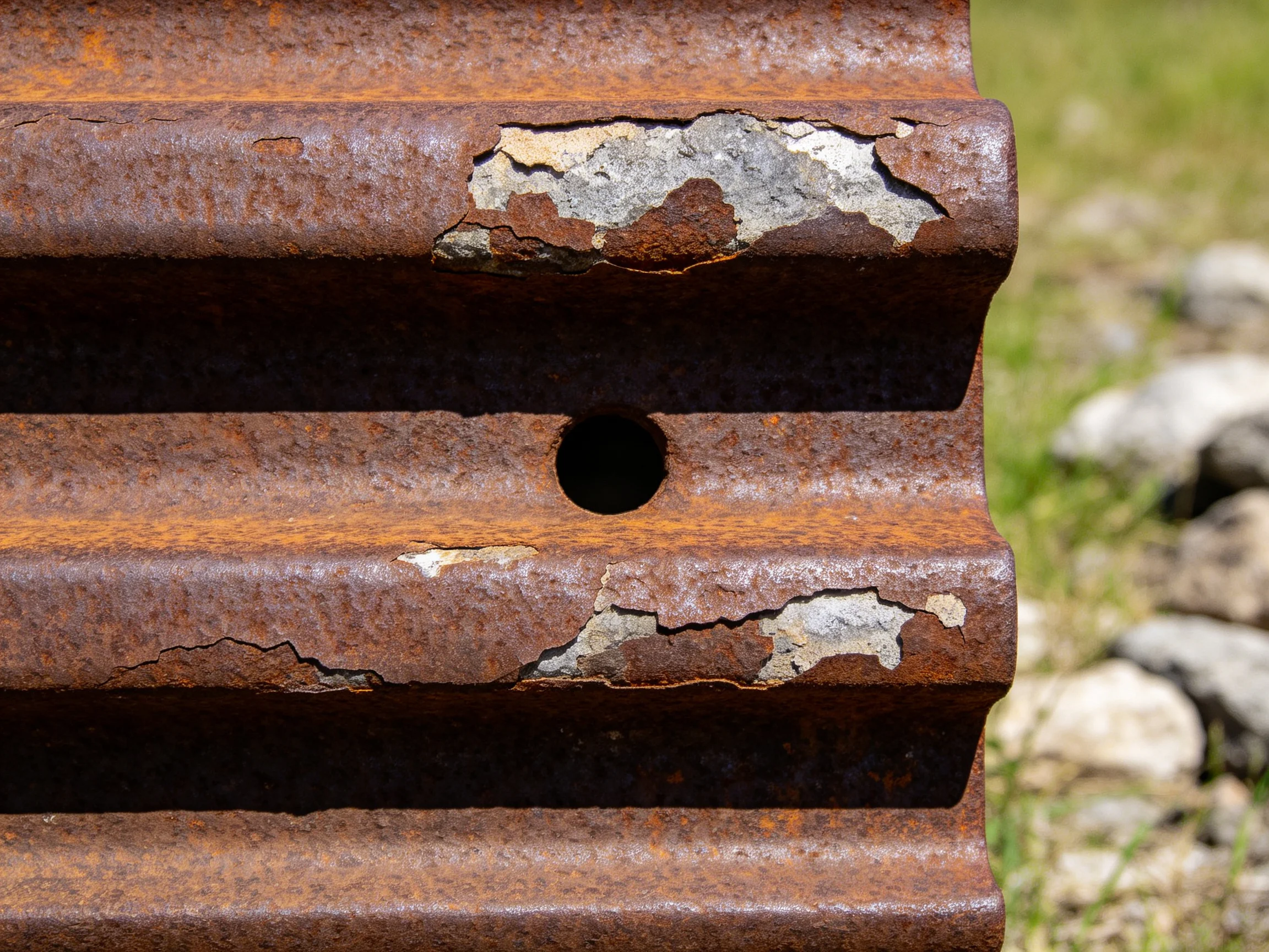 Rusty corrugated metal with peeling paint and circular holes