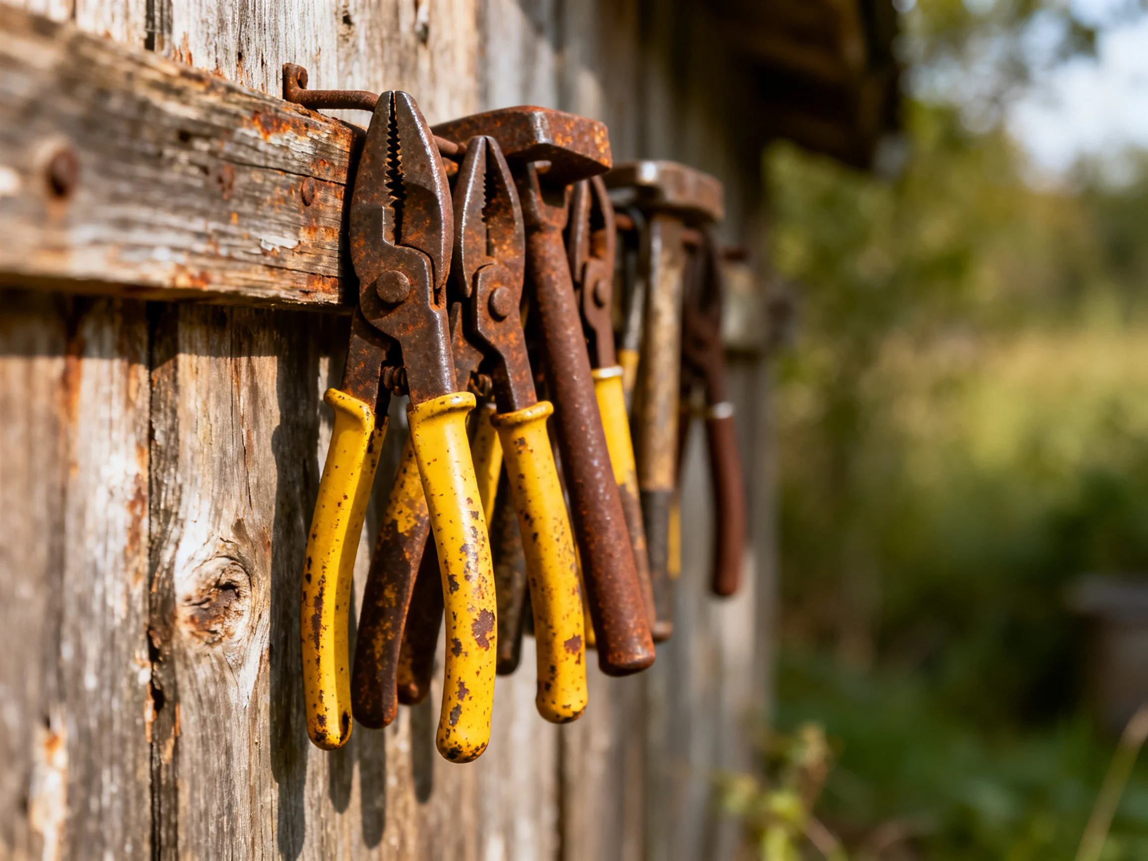 Rusty hand tools with yellow handles hang from weathered wood
