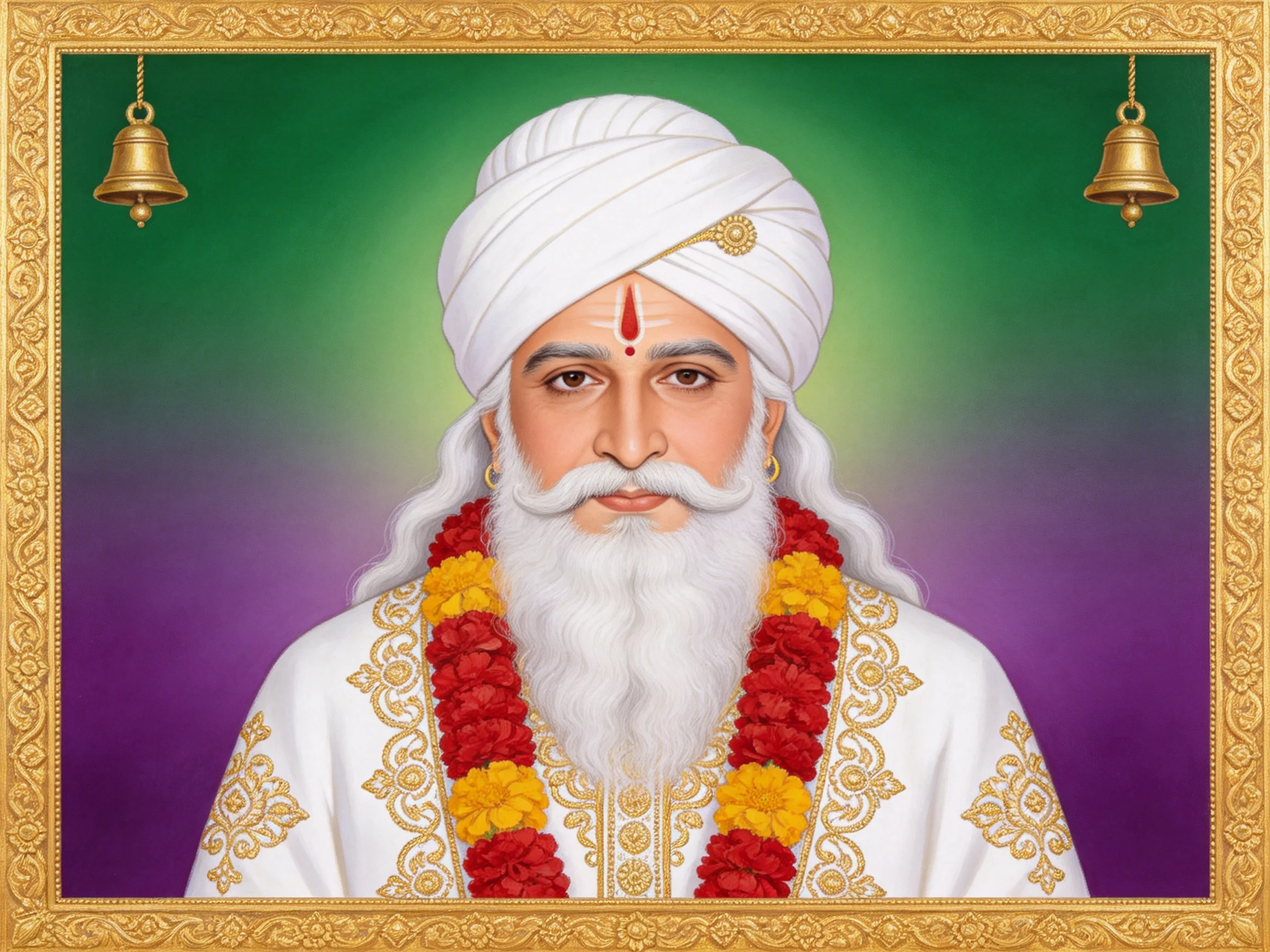 Sacred portrait of a bearded figure in traditional ceremonial attire
