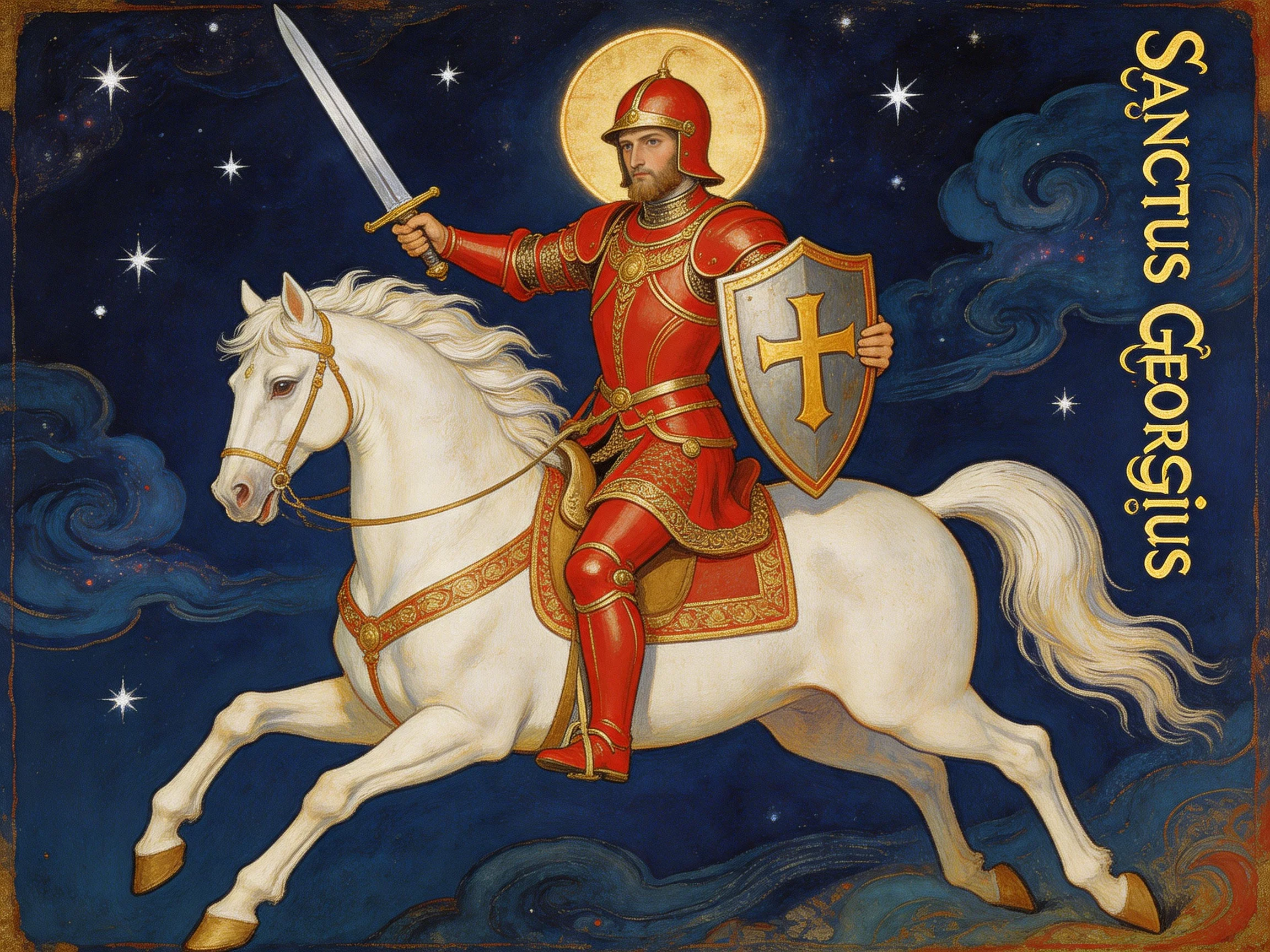 Saint George in red armor rides a white horse with a golden shield