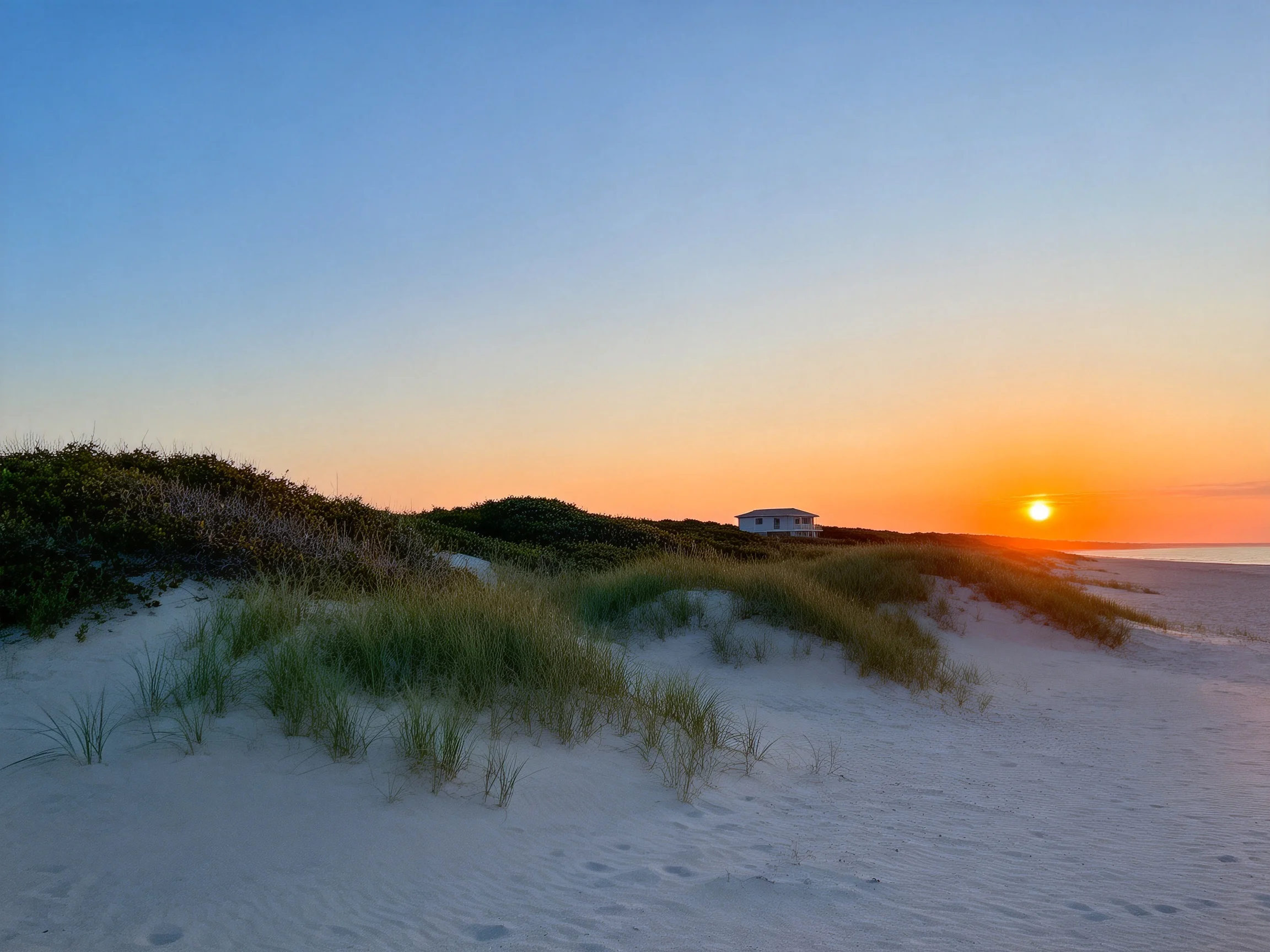 Sandy Beach Dunes at Sunset with Coastal Vegetation and Distant Home