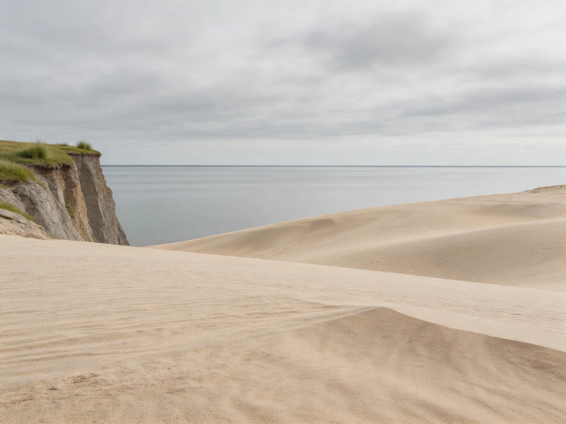 Sandy dunes meet rocky cliffs by calm sea under gray sky