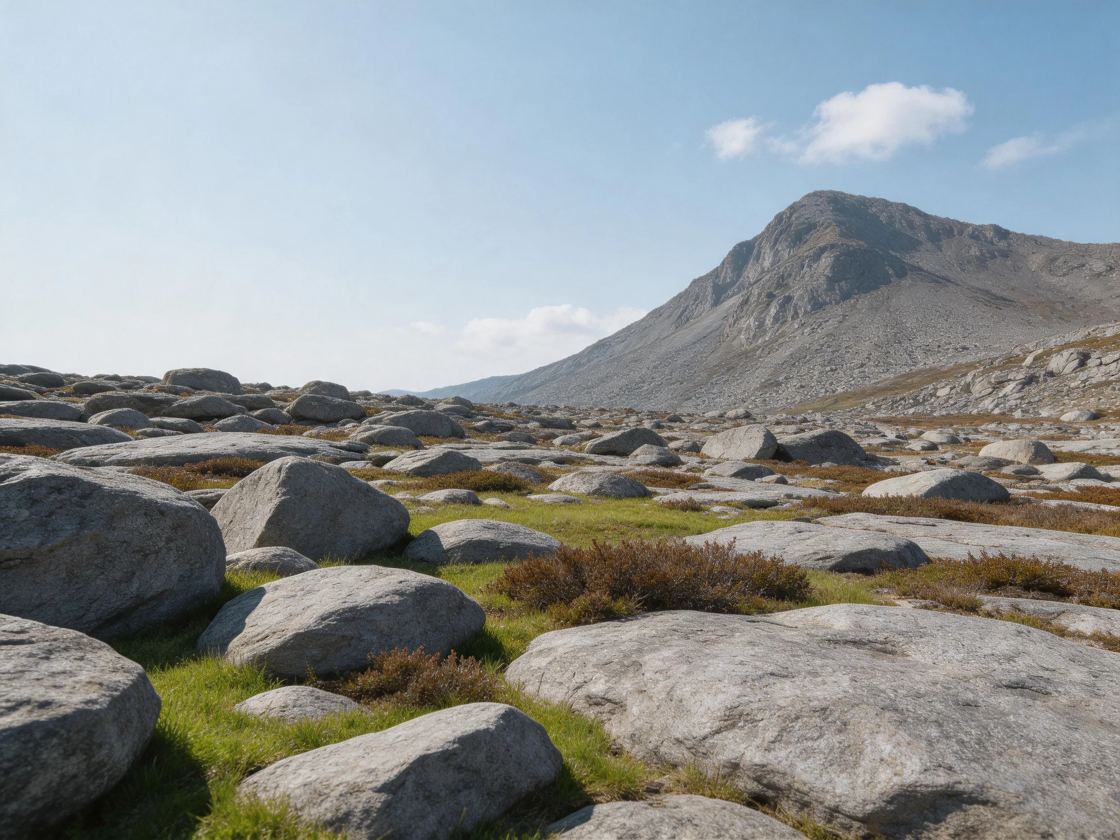 Scattered large gray boulders near a rugged gray mountain