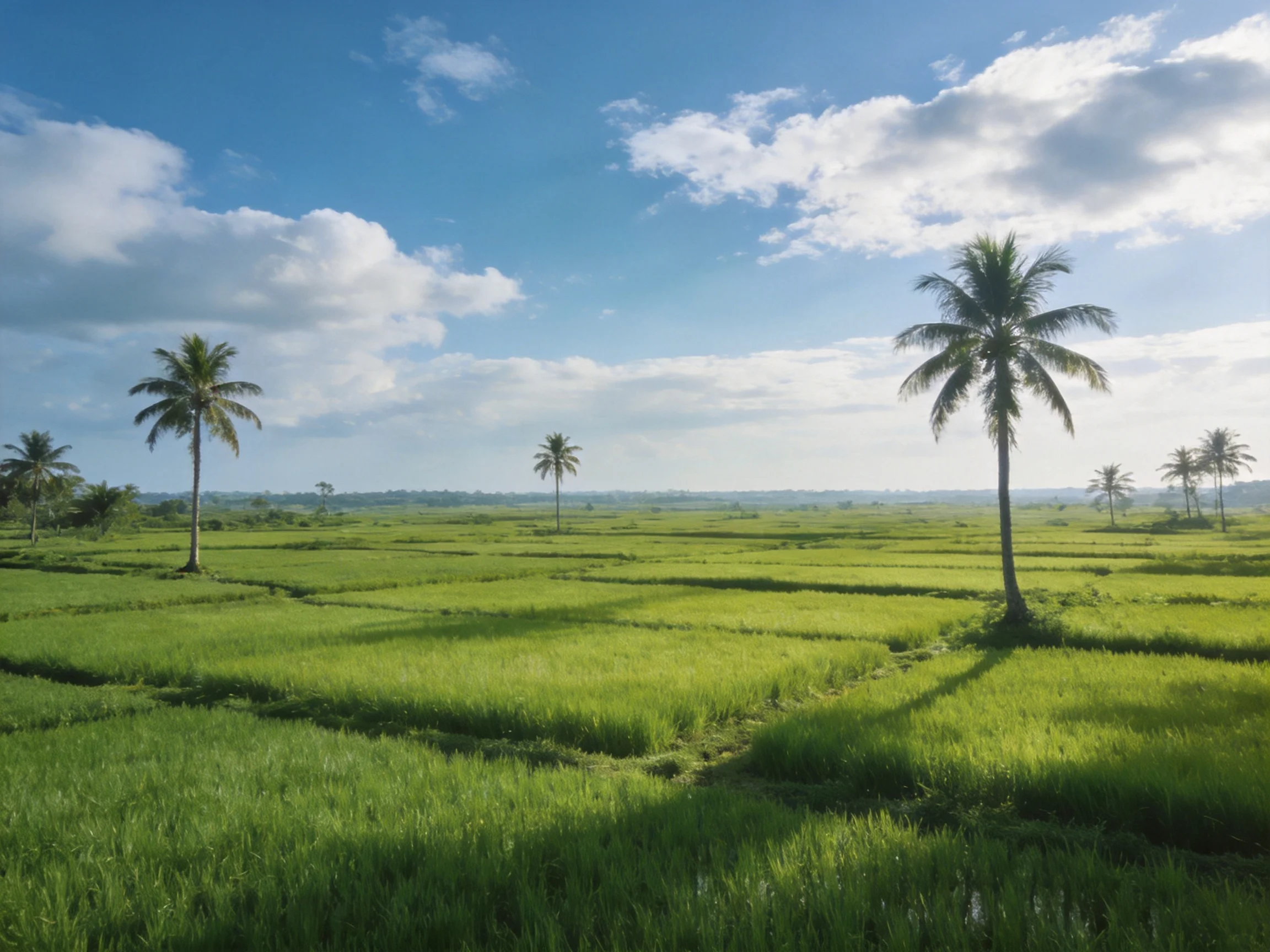 Scattered palm trees dot lush green rice paddies under bright blue sky