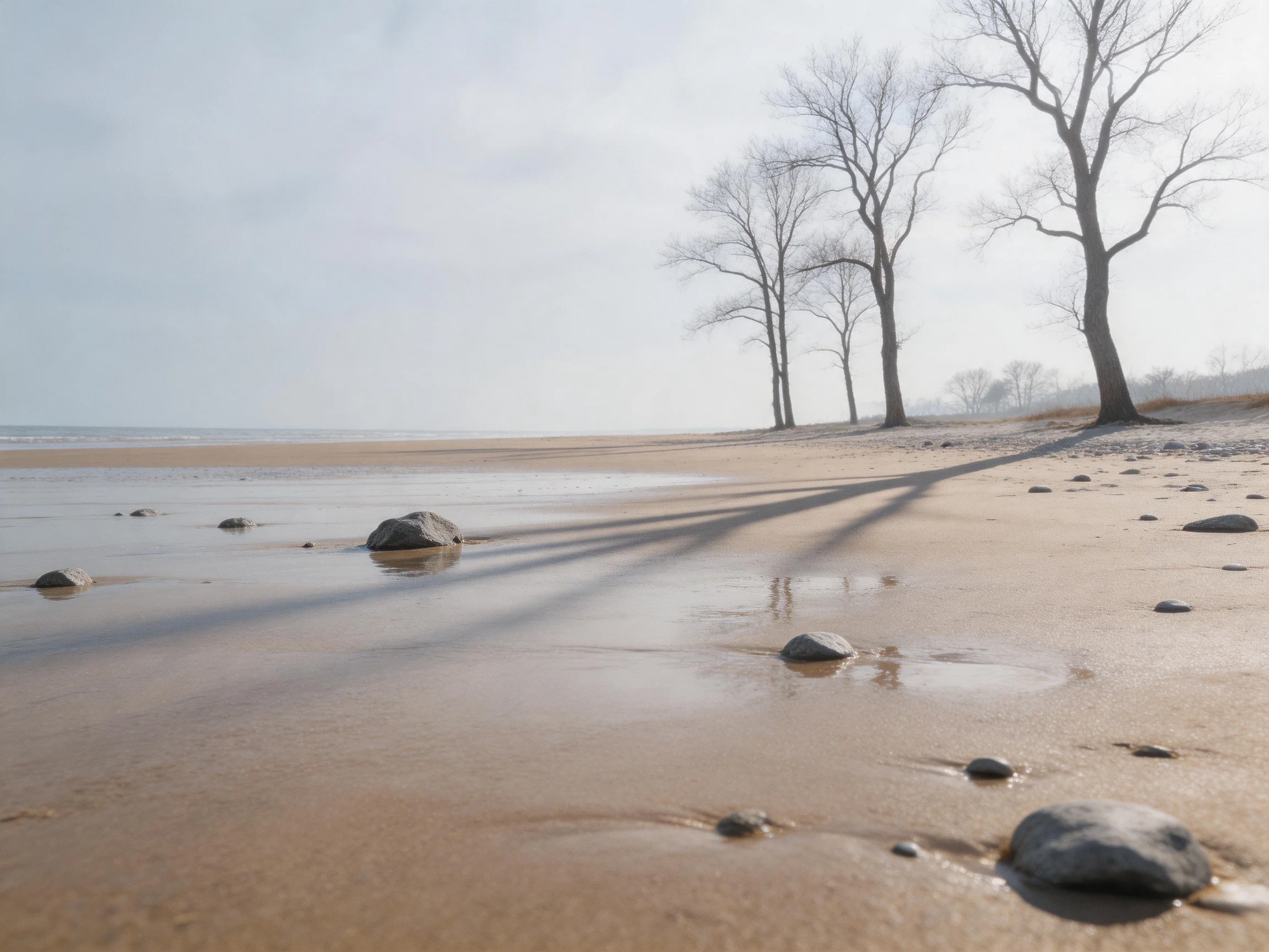 Scattered rocks dot a sandy shoreline with bare trees in a misty coastal setting