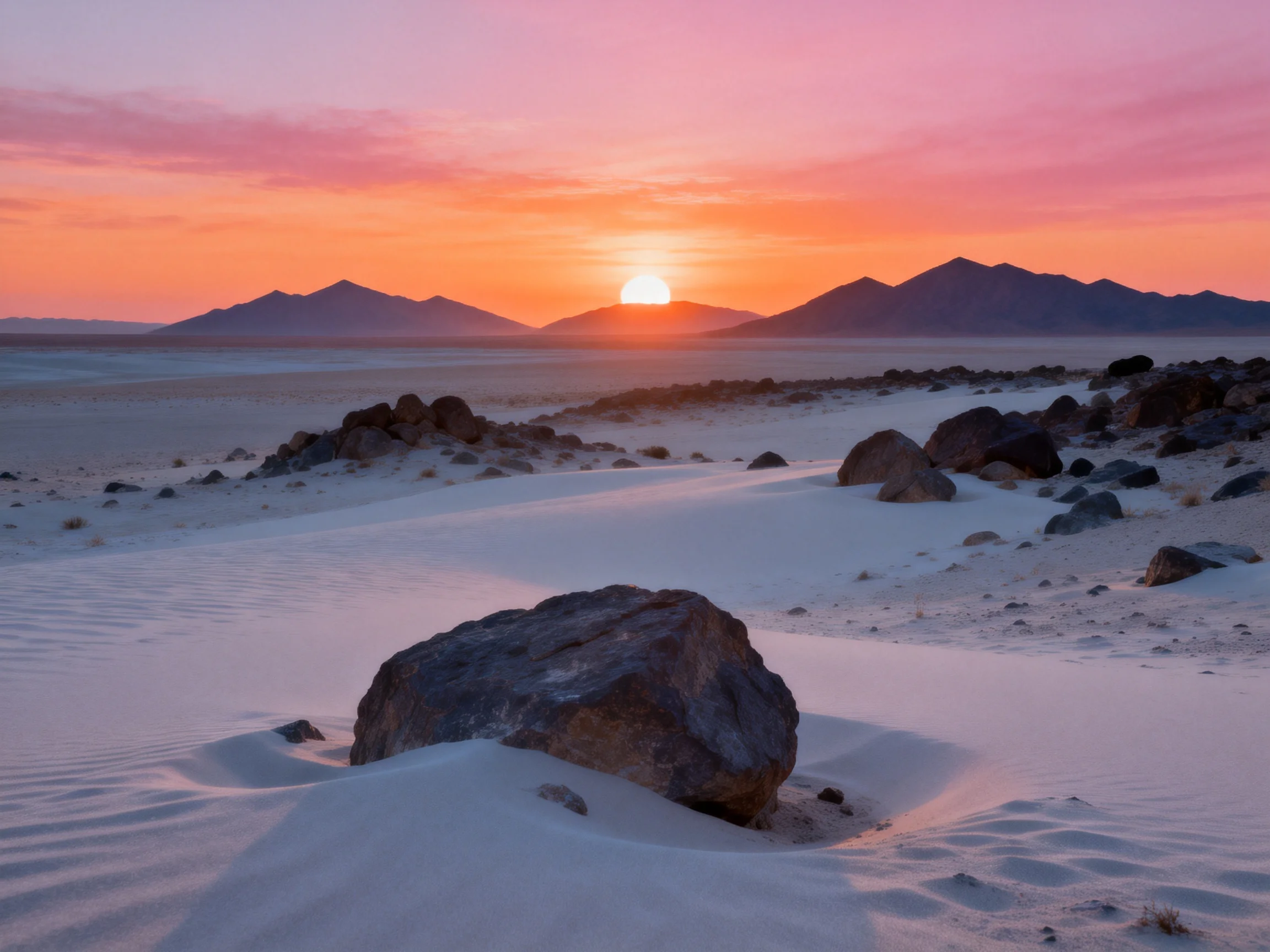Scattered rocks in white sandy desert under vibrant pink-orange sunset near distant mountains
