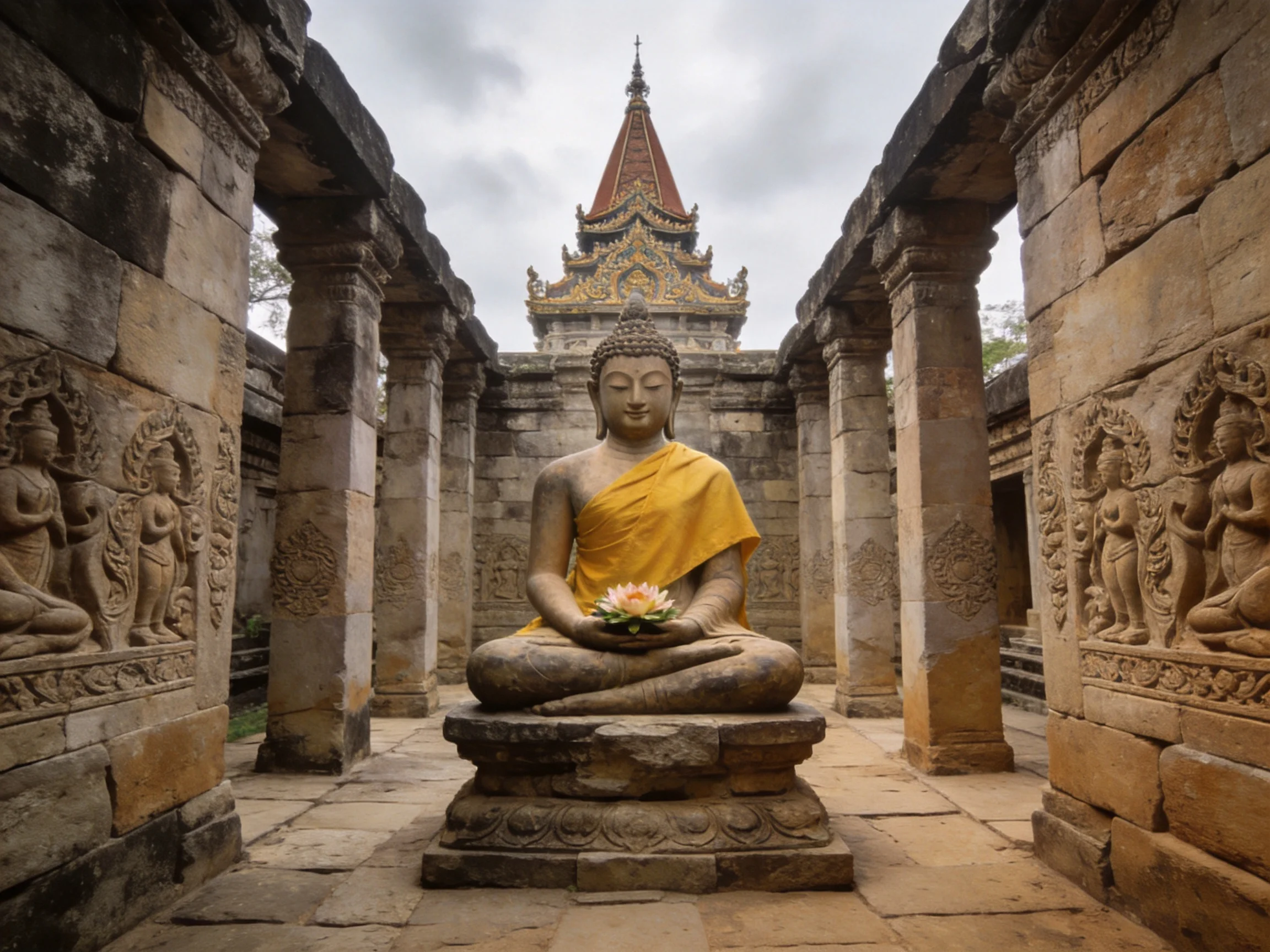 Seated Buddha in Yellow Robe Among Ancient Stone Ruins
