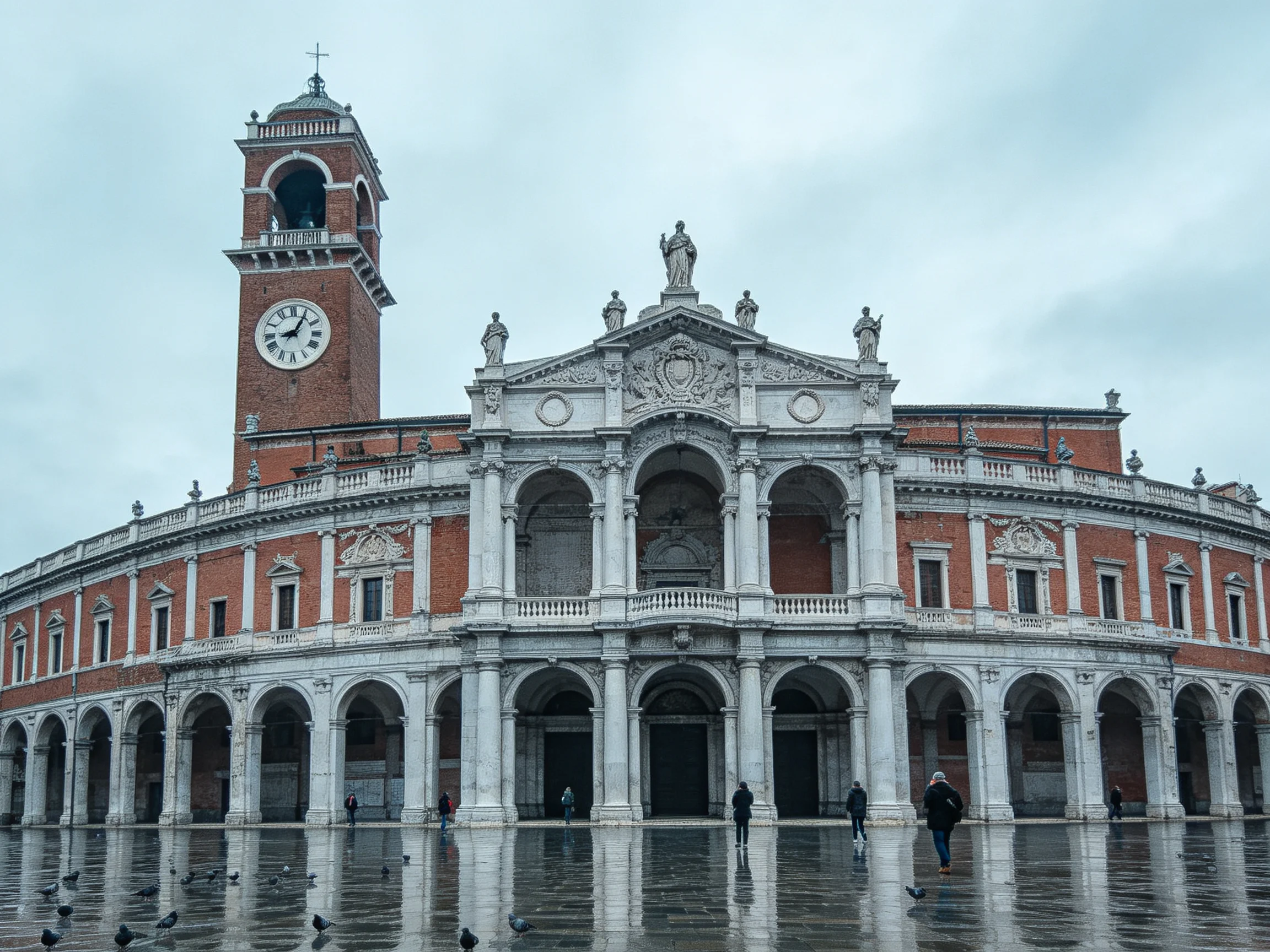 Semi - circular brick and stone church with clock tower in open square