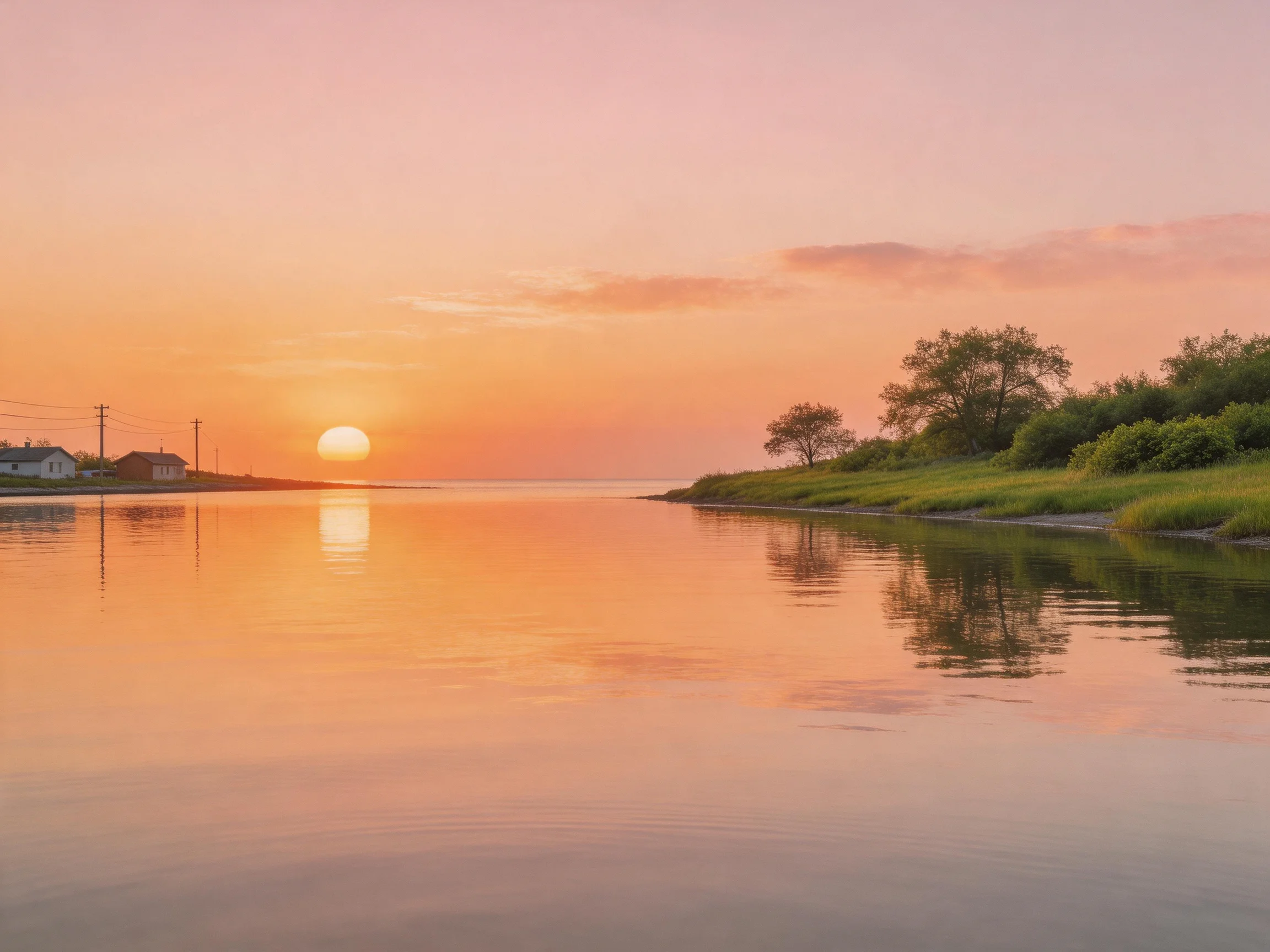 Serene Sunset Over Calm Waters Near Rural Homes