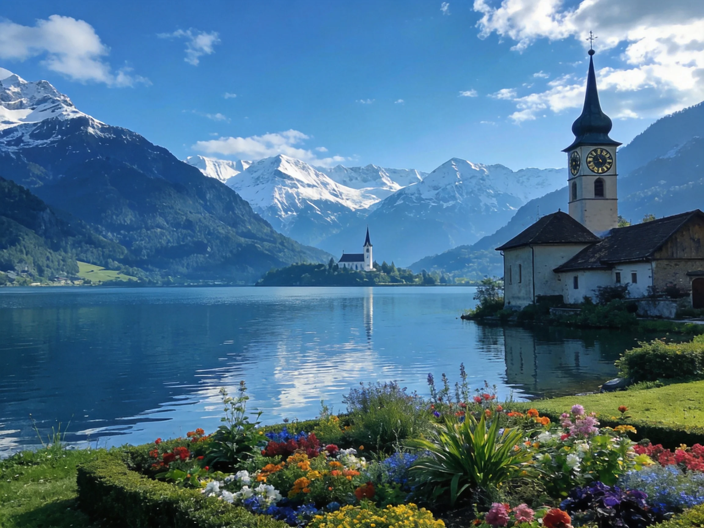 Serene lakeside village with colorful flowers, historic churches, and snow-capped mountains