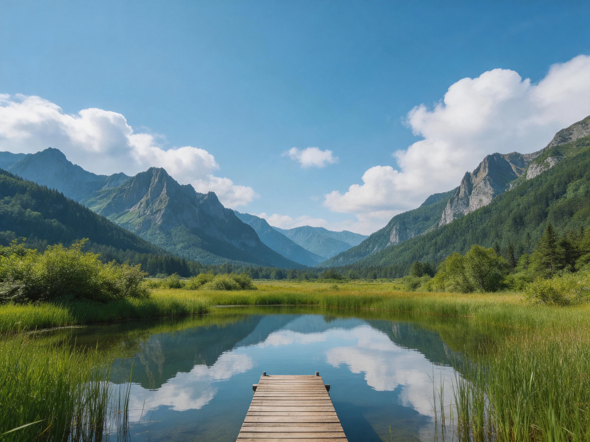 Serene mountain valley with a reflective lake and wooden dock