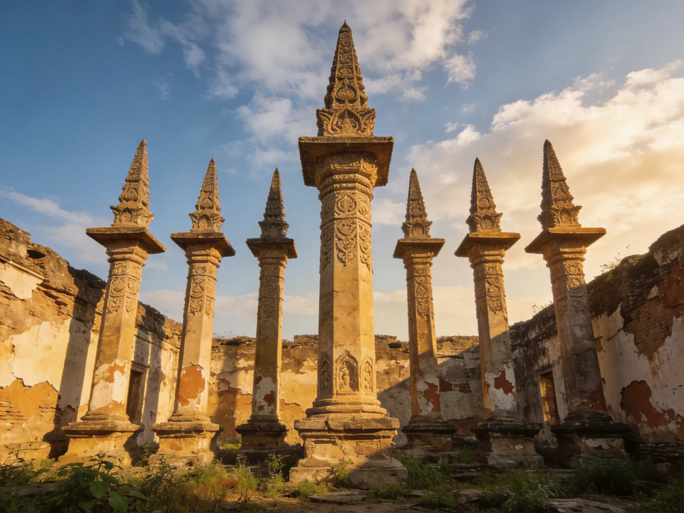 Seven ancient stone pillars in crumbling historic ruins under bright sky