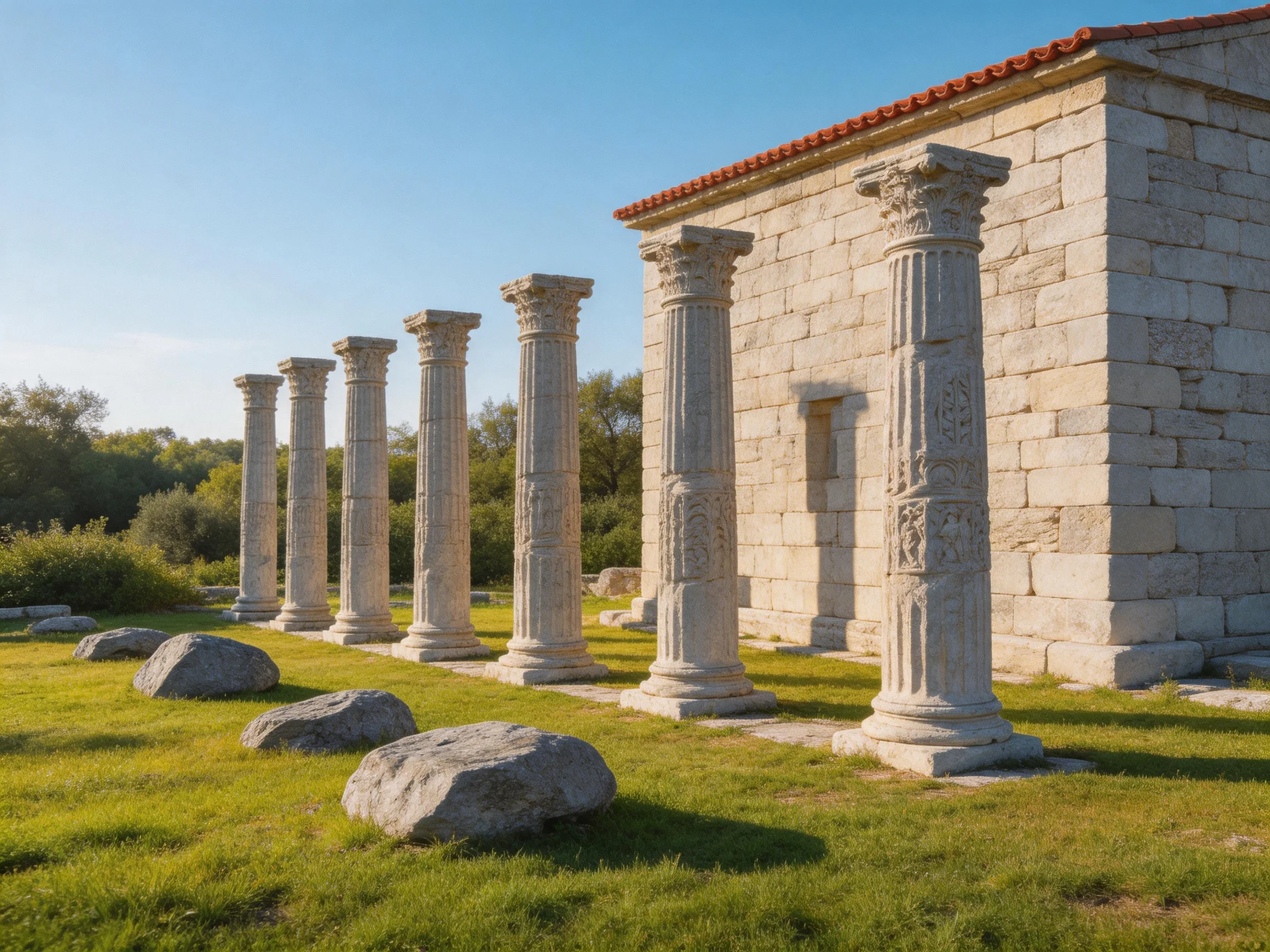 Seven ornate stone columns beside an ancient stone temple structure