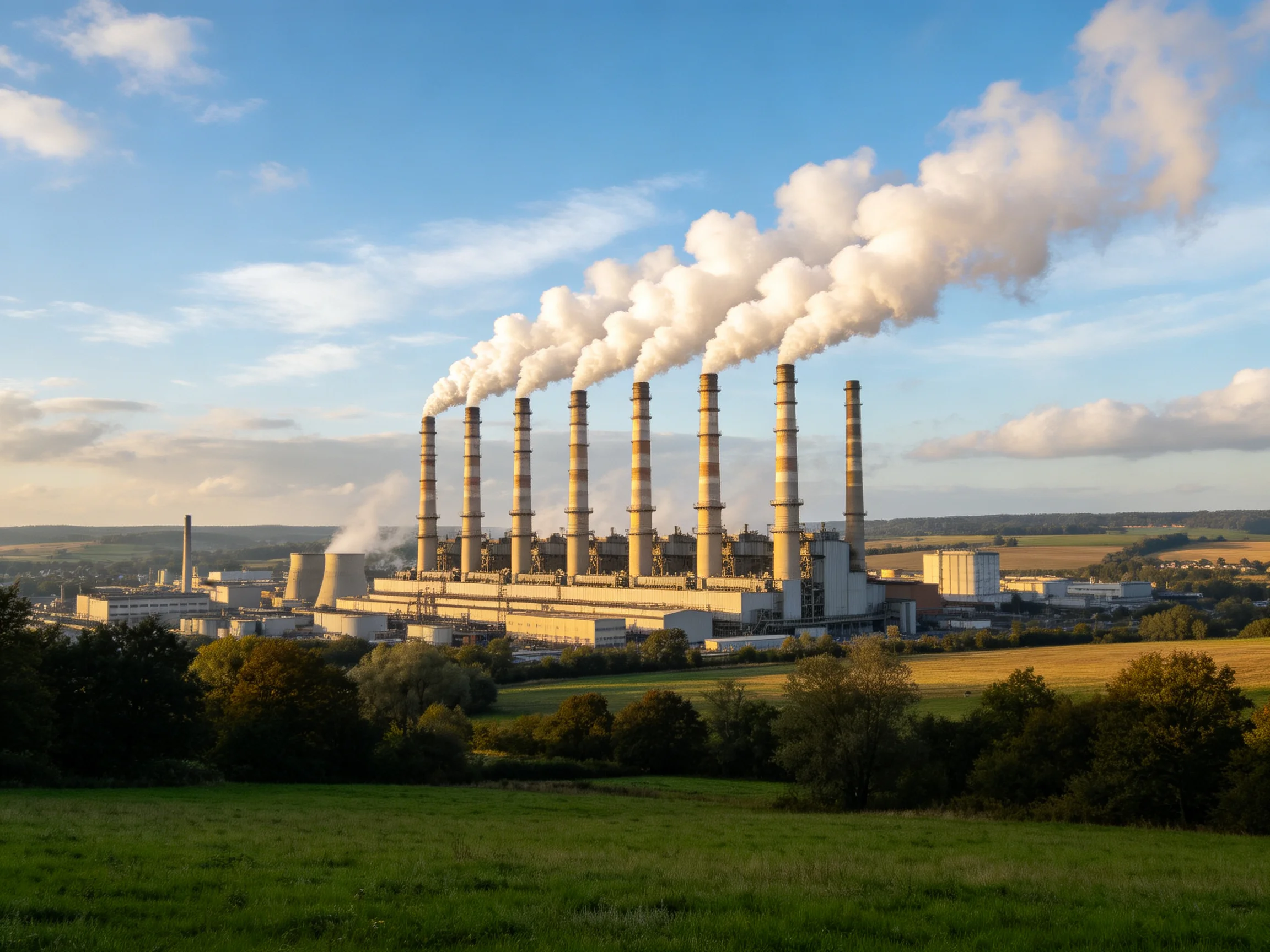 Seven smokestacks release white smoke over green fields and trees