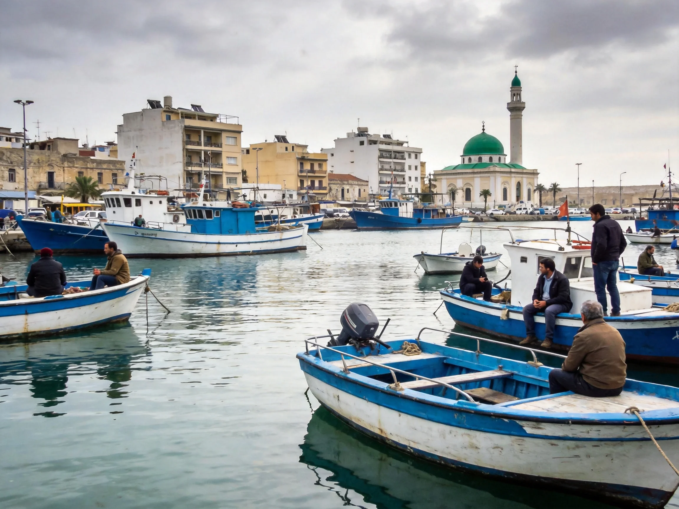 Several blue-and-white boats dock near a green-domed mosque