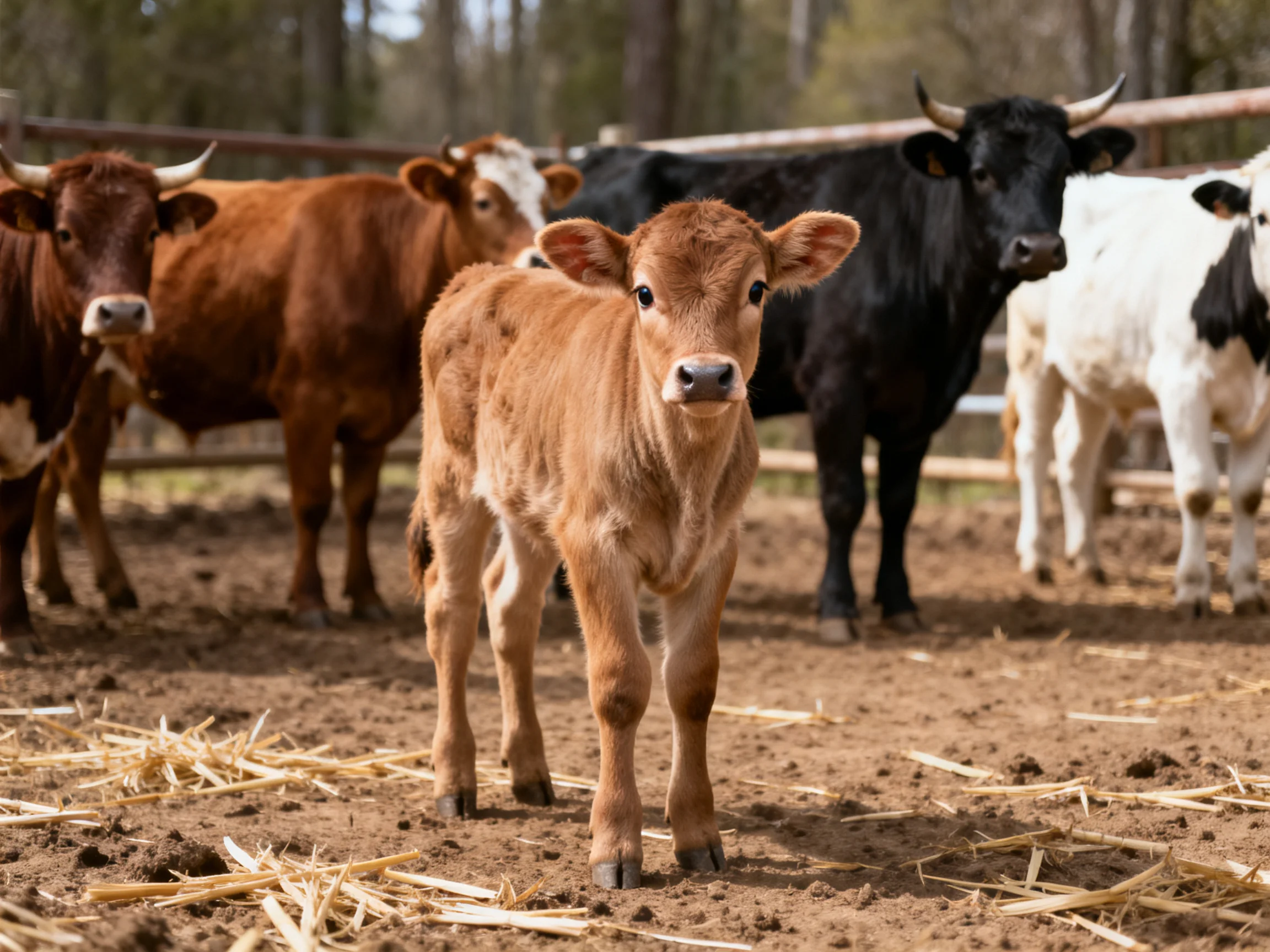 Several cows of mixed colors include a small brown calf