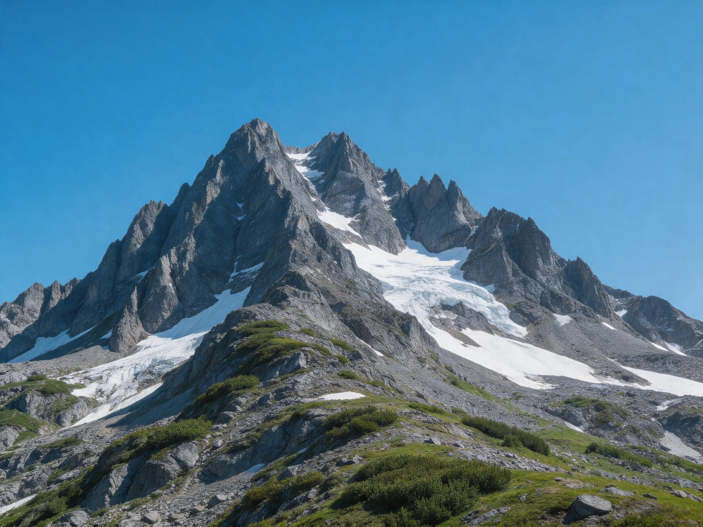 Sharp rocky mountain peak with snow patches and green vegetation