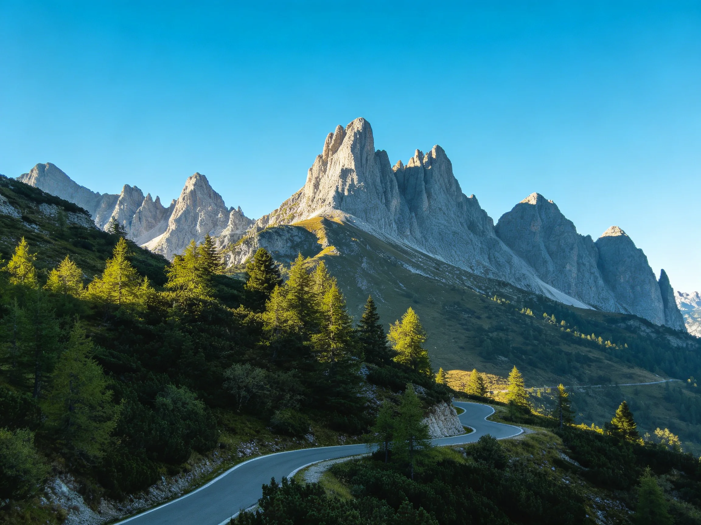 Sharp rocky peaks tower over a curving mountain road with lush greenery