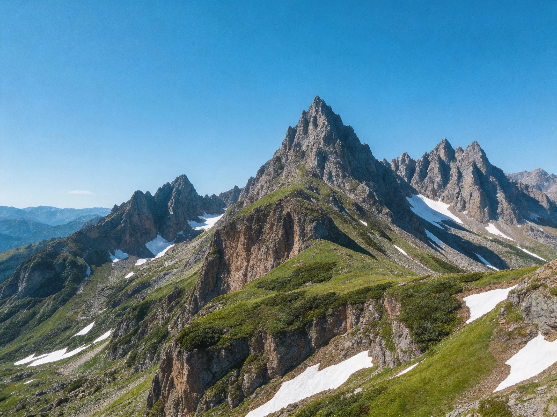 Sharp rocky peaks with green slopes and snow patches