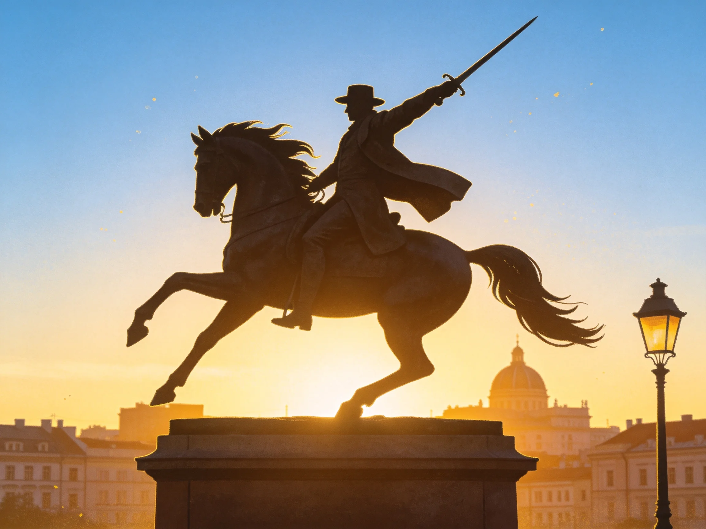Silhouetted Equestrian Statue at Sunset with Historic Buildings