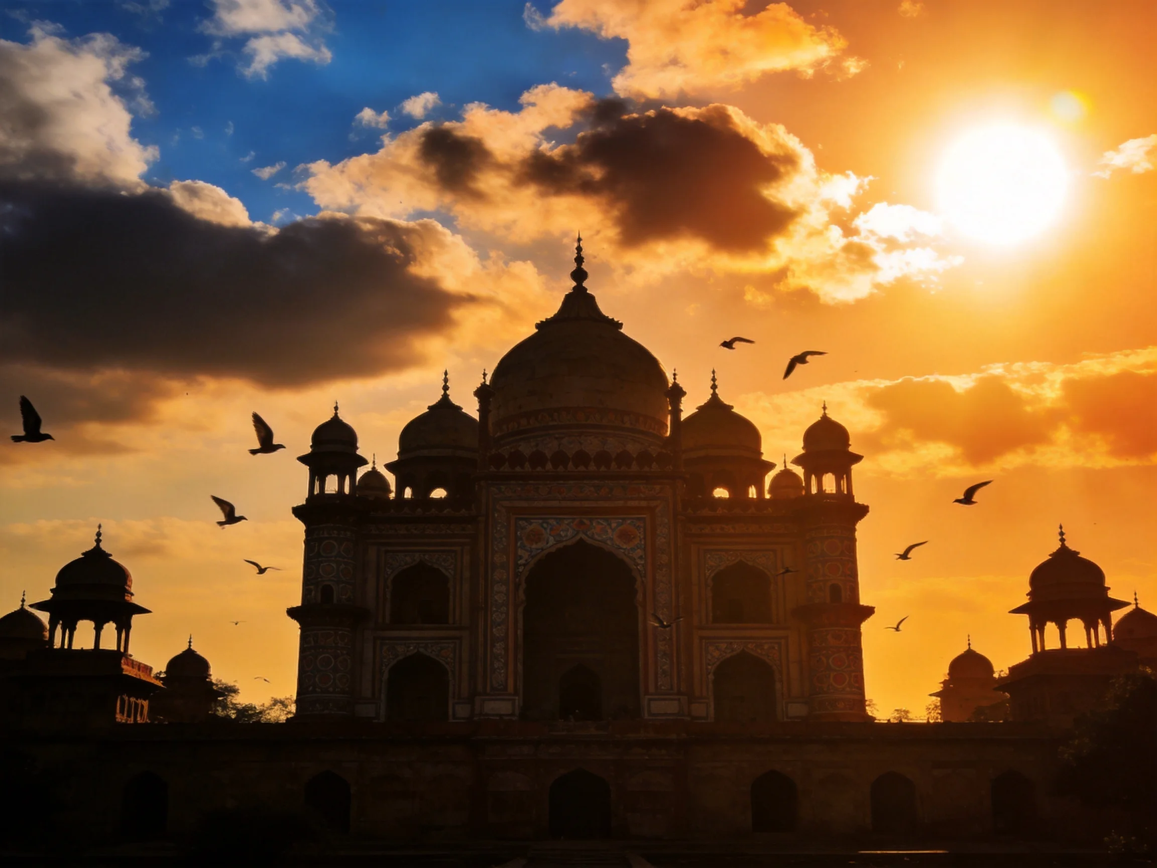 Silhouetted Historical Monument at Sunset with Flying Birds