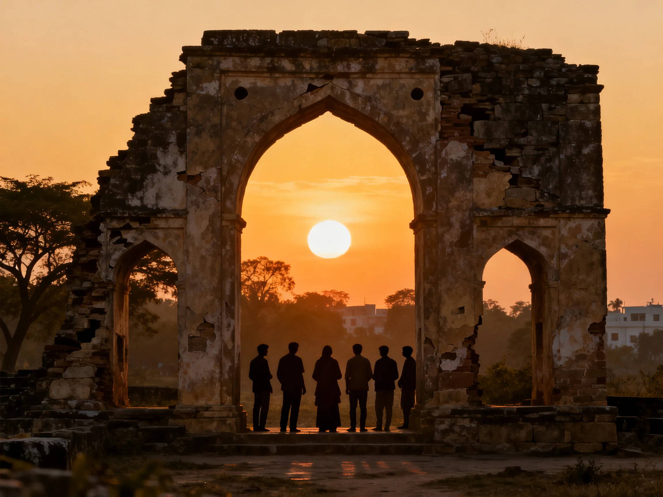 Silhouetted figures beside ancient stone arches at golden sunset