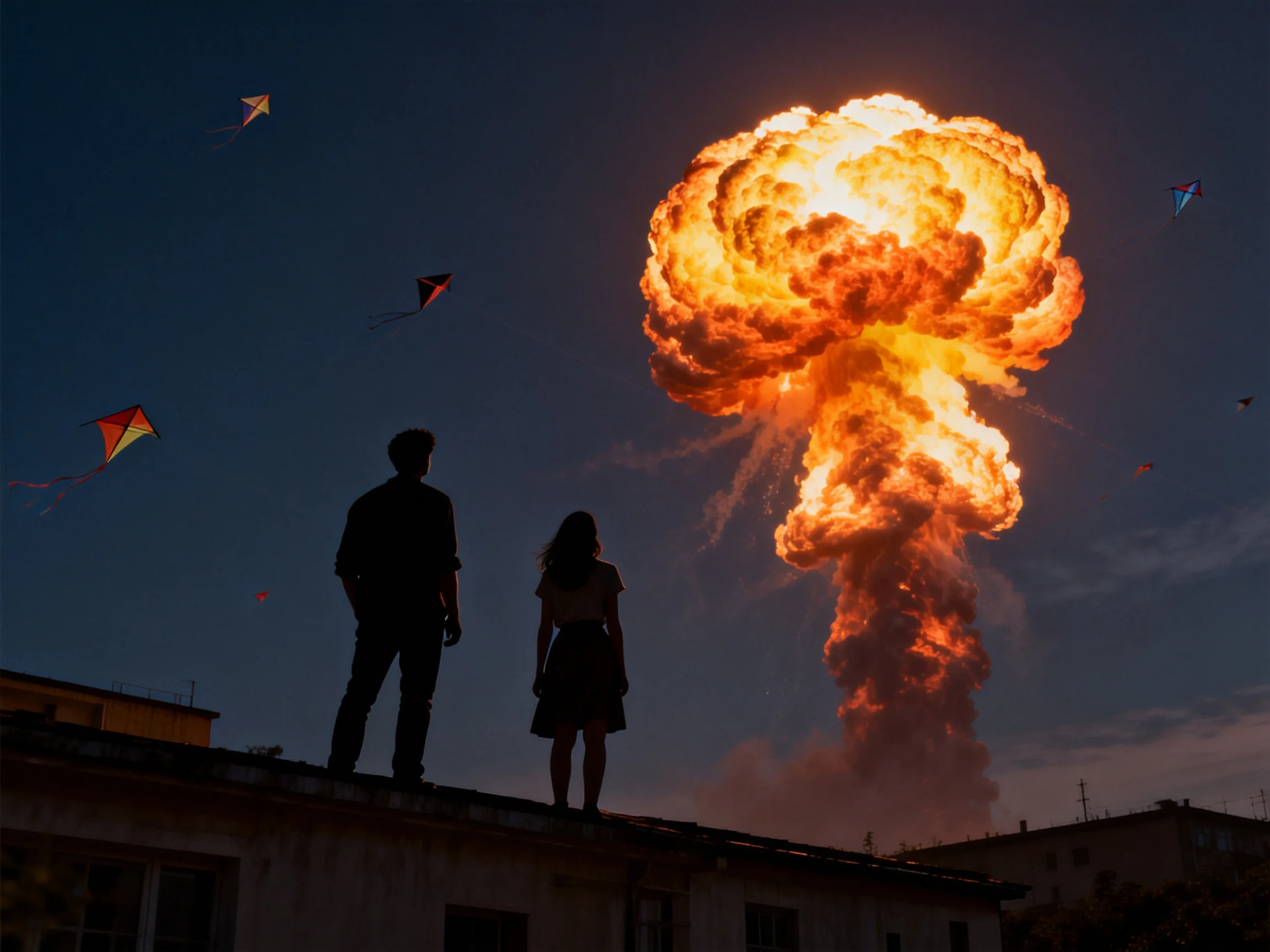 Silhouetted figures watch a massive orange explosion with colorful kites
