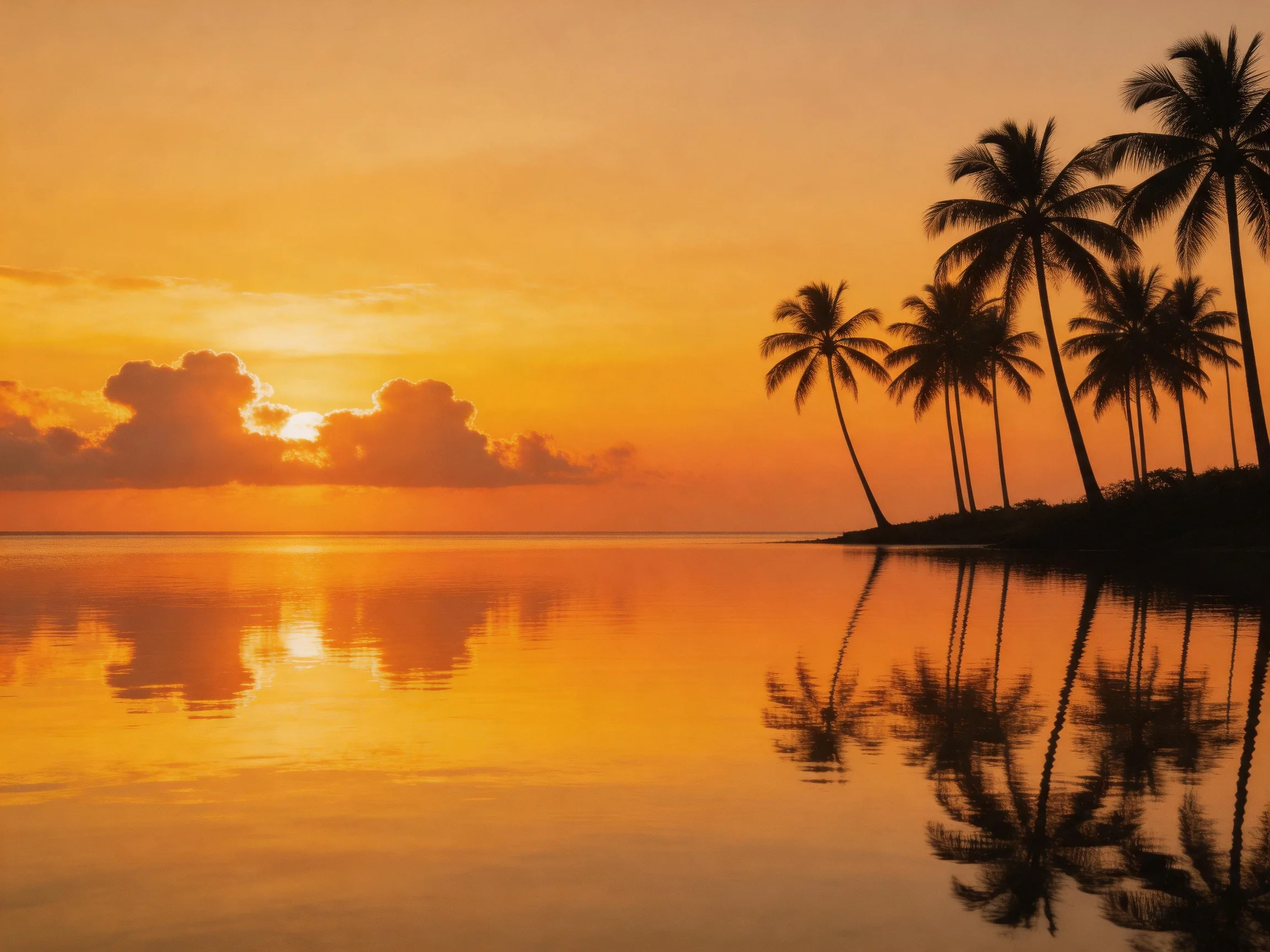 Silhouetted palm trees reflect in calm ocean waters during golden sunset