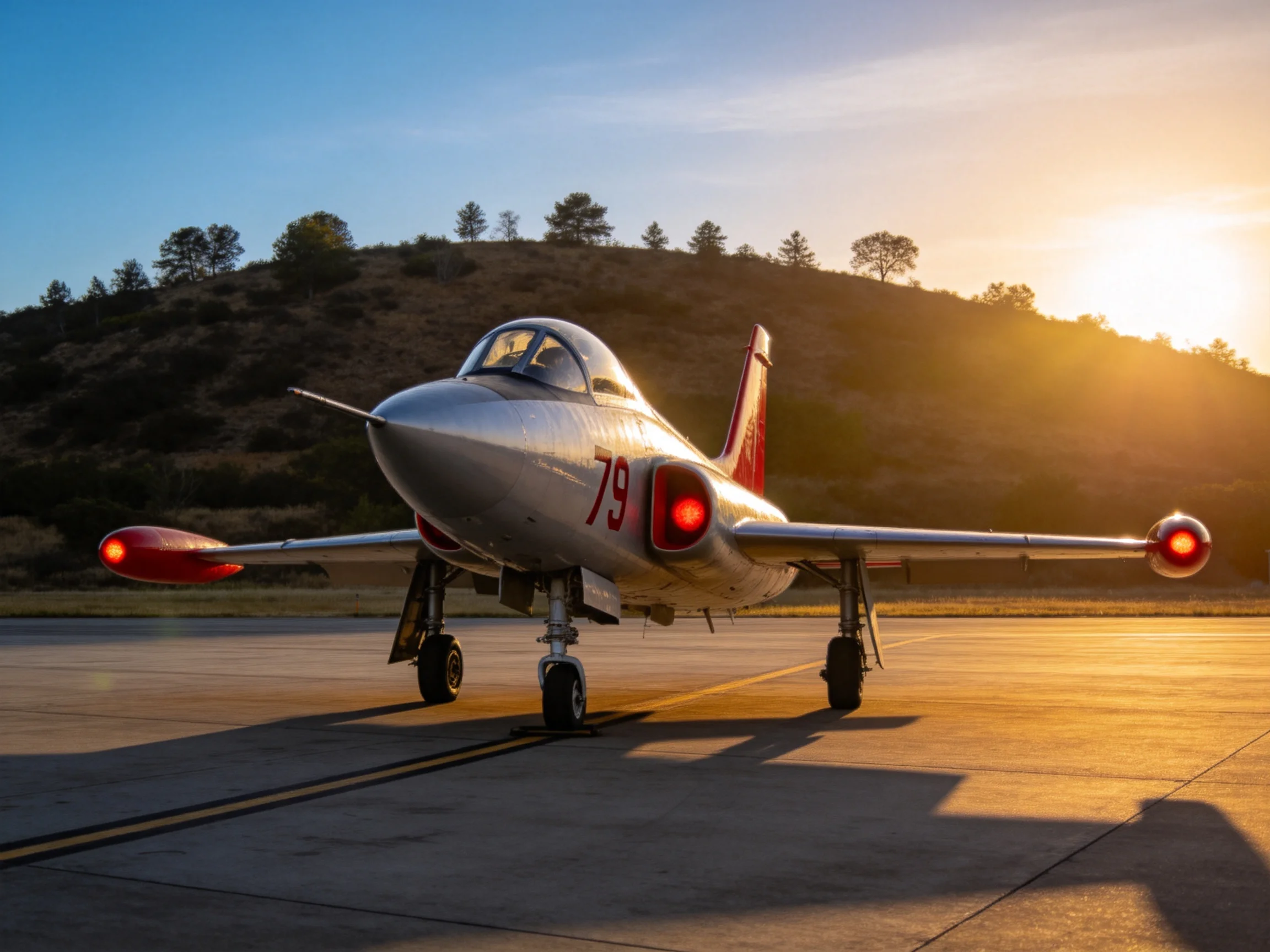 Silver Jet with Red Accents on Sunset Runway