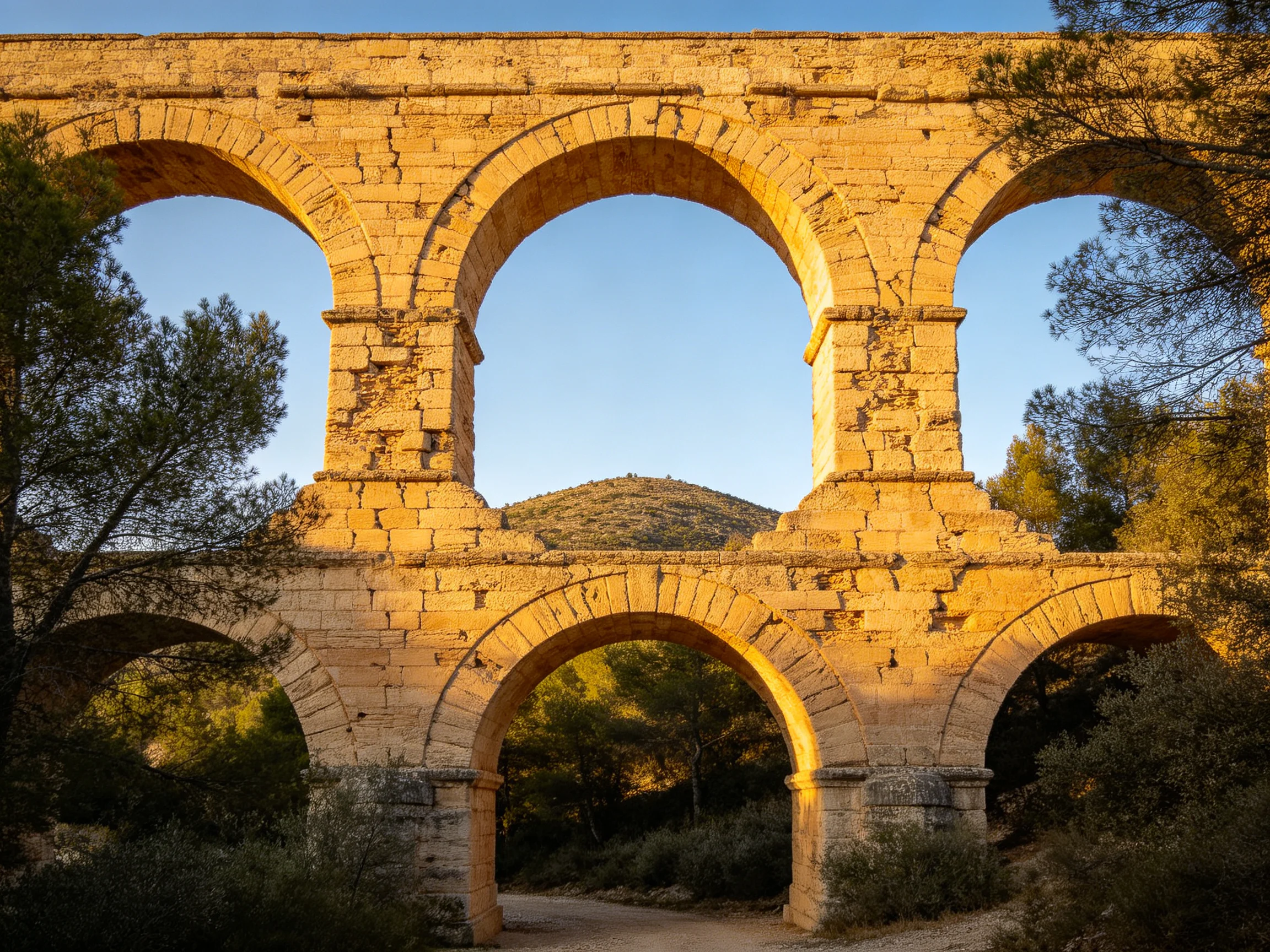 Six-Arched Ancient Stone Aqueduct with Golden Hour Illumination