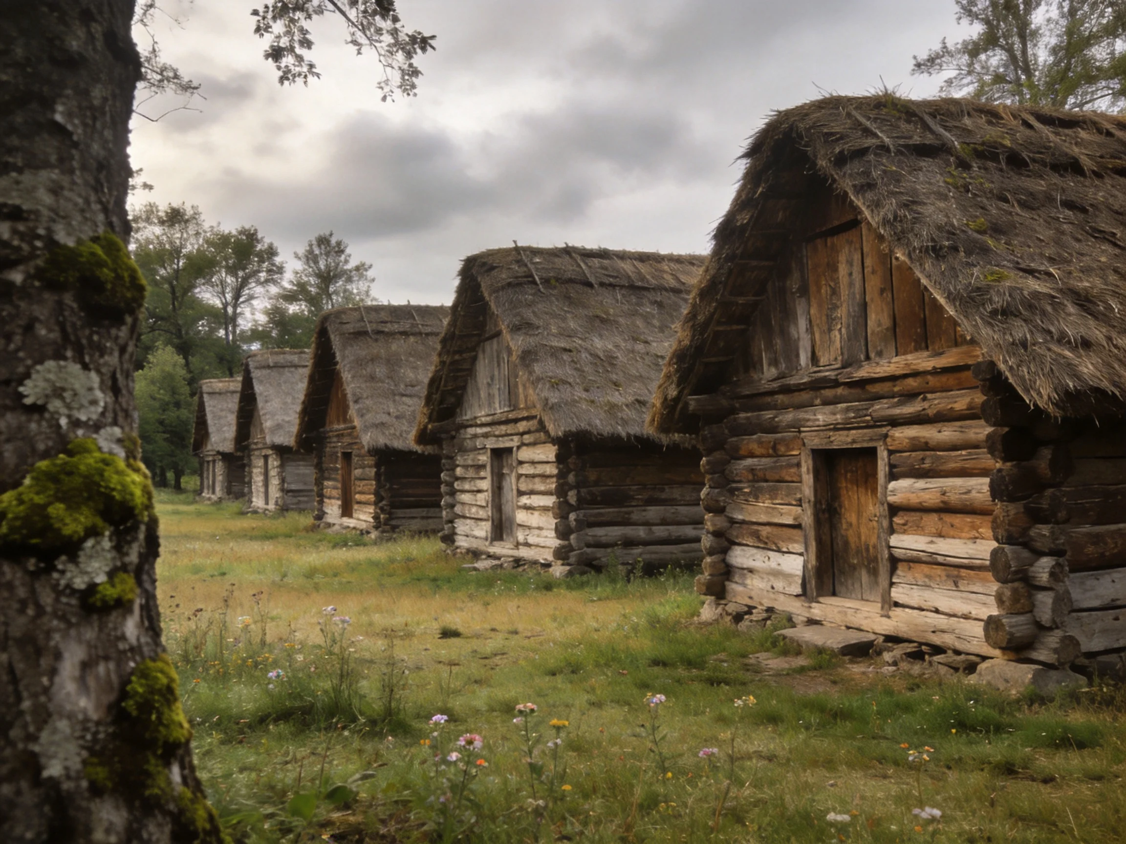 Six aged log cabins with straw-thatched roofs near mossy trees