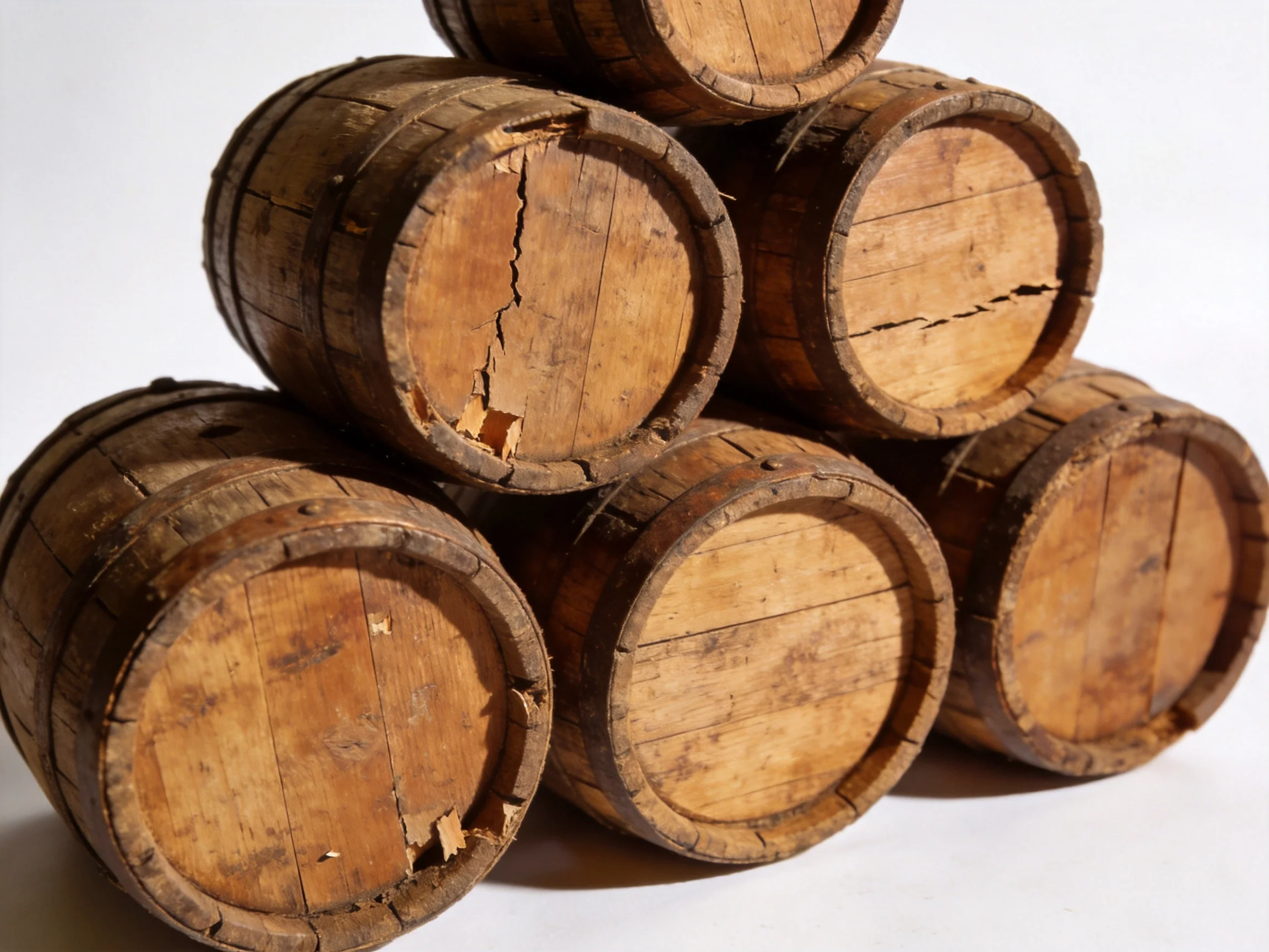 Six aged wooden barrels stacked in a pyramid formation