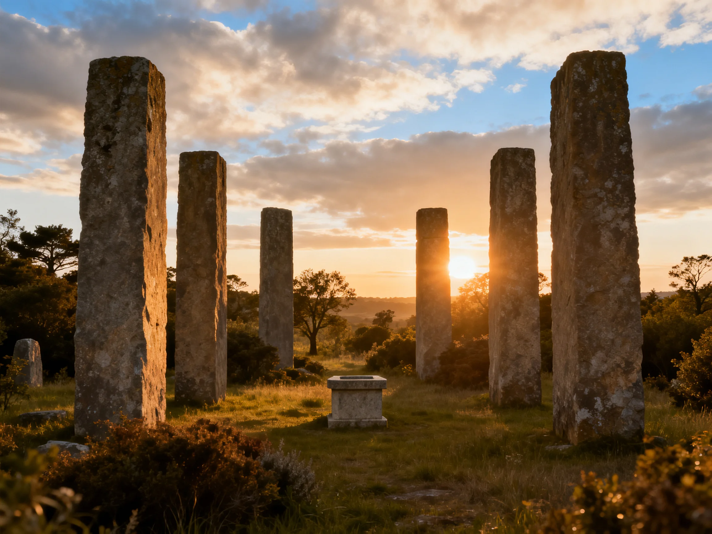 Six ancient stone columns in a golden sunset landscape
