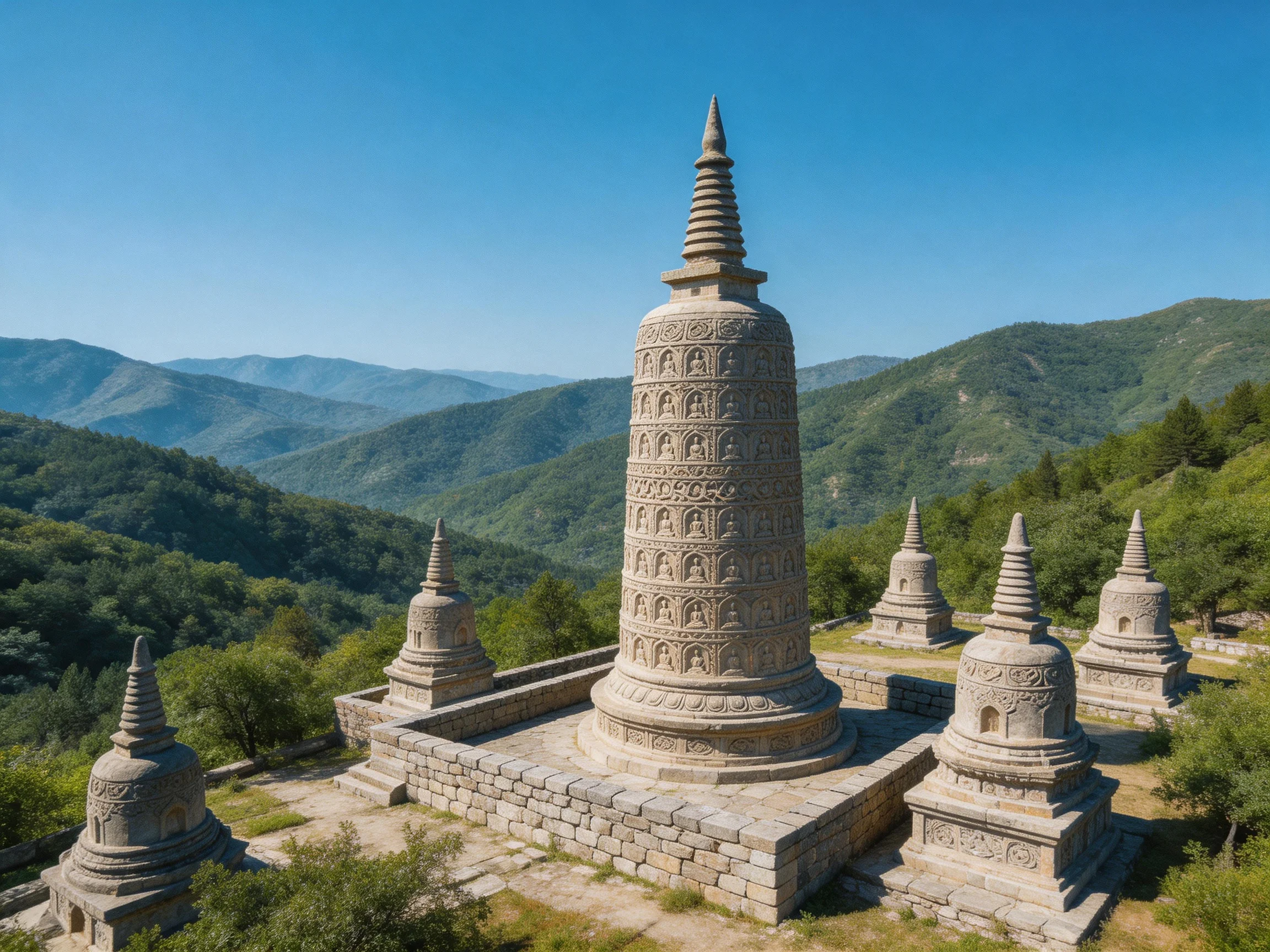 Six ancient stone pagodas amid lush green mountain terrain