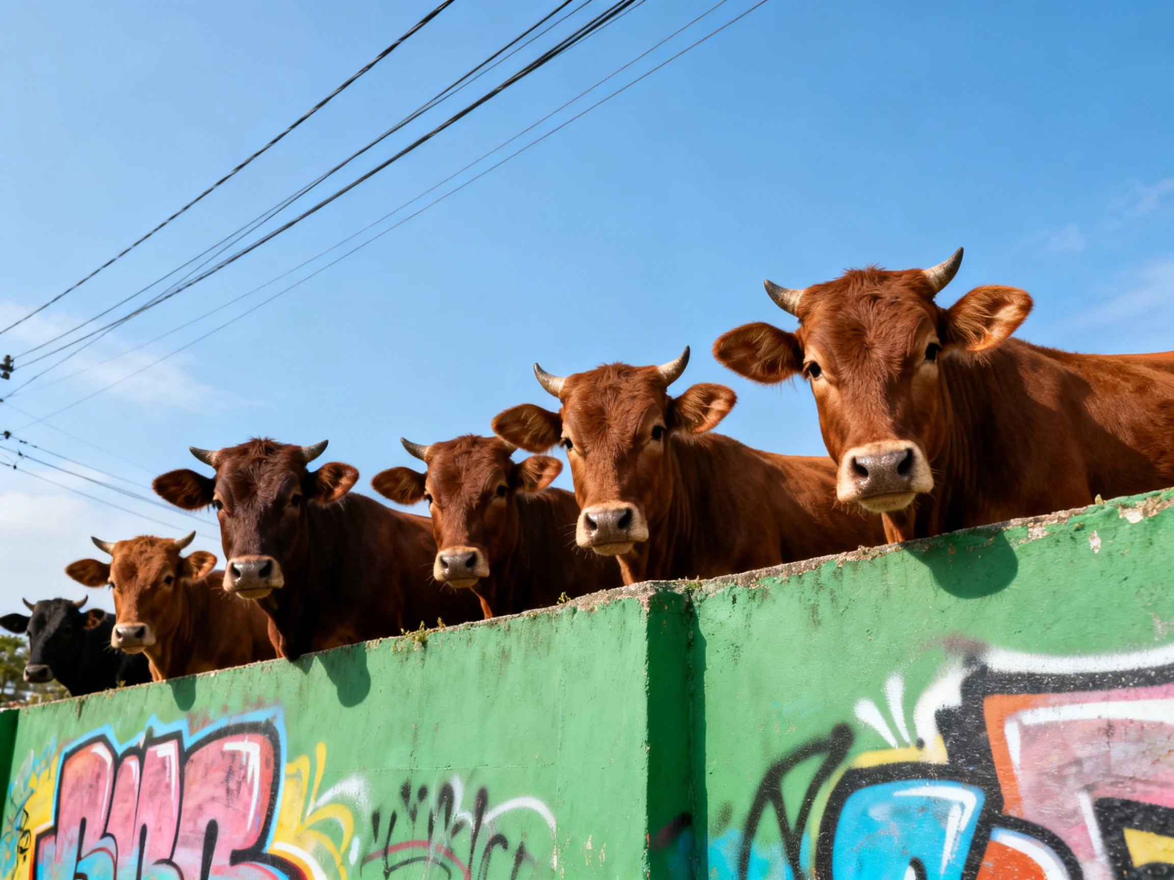 Six brown cows lean over a graffiti-covered green barrier under a clear blue sky
