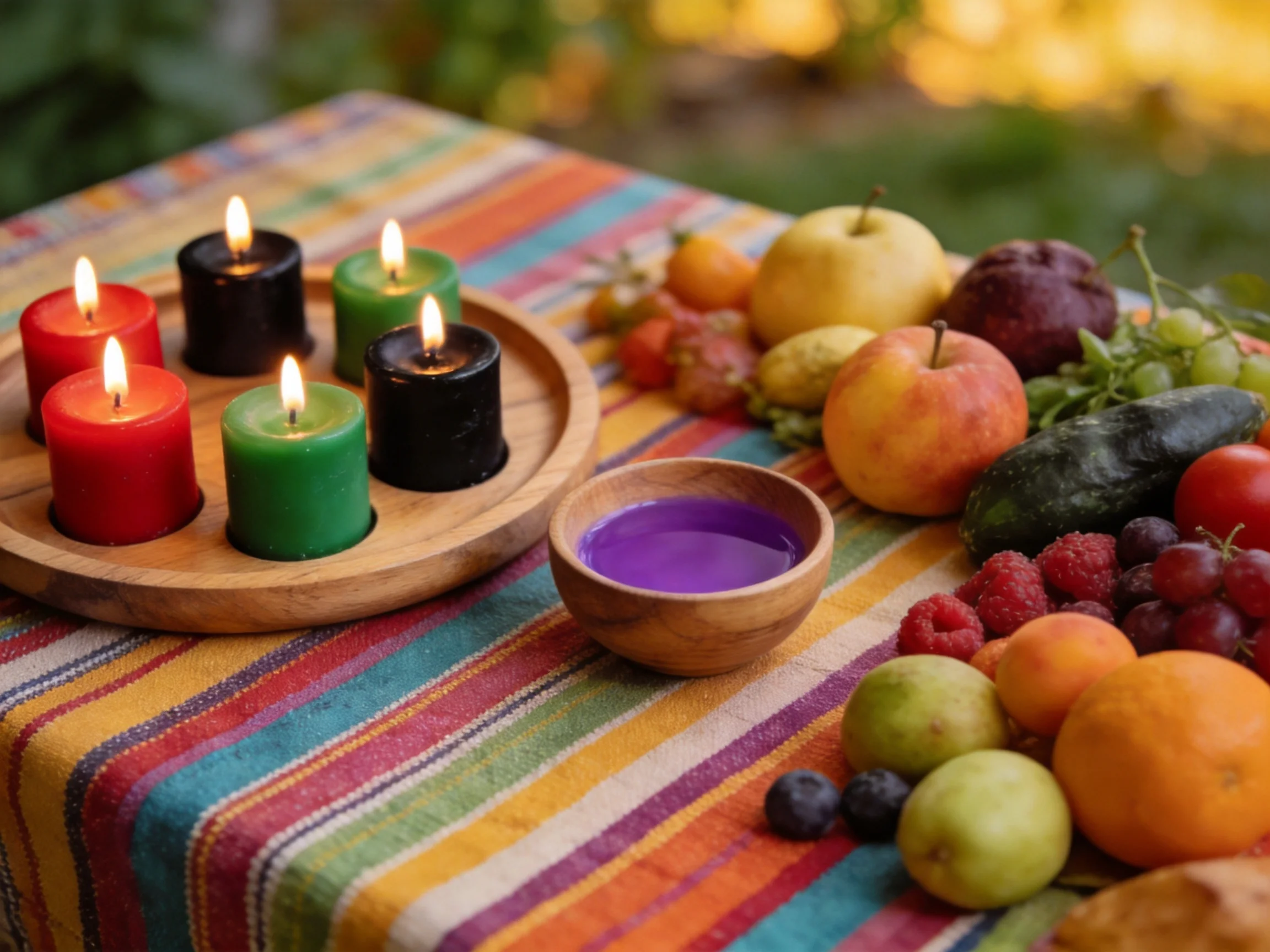 Six colorful candles, assorted fruits, and a purple liquid on a striped tablecloth.
