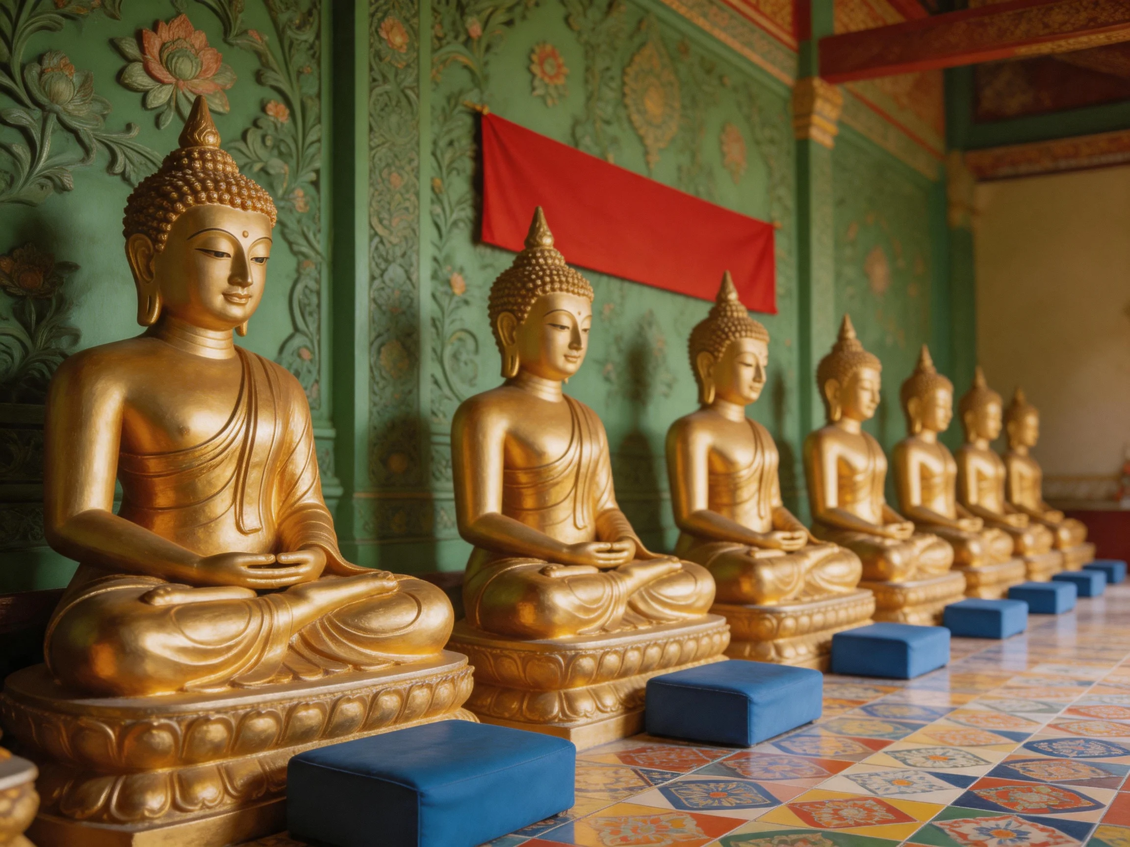 Six golden Buddha statues arranged along an ornately decorated green wall