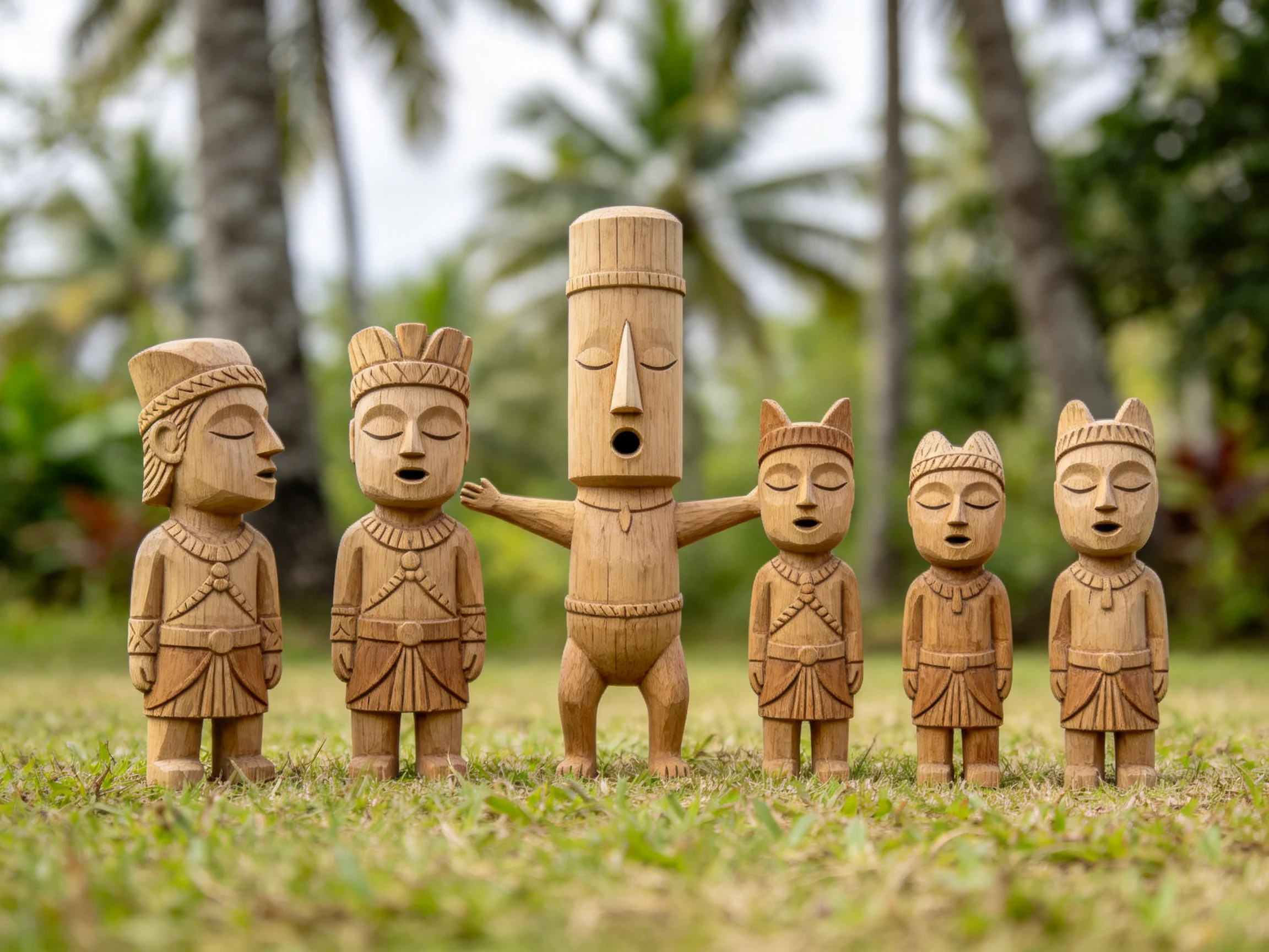 Six hand-carved wooden figurines displayed on a grassy outdoor area