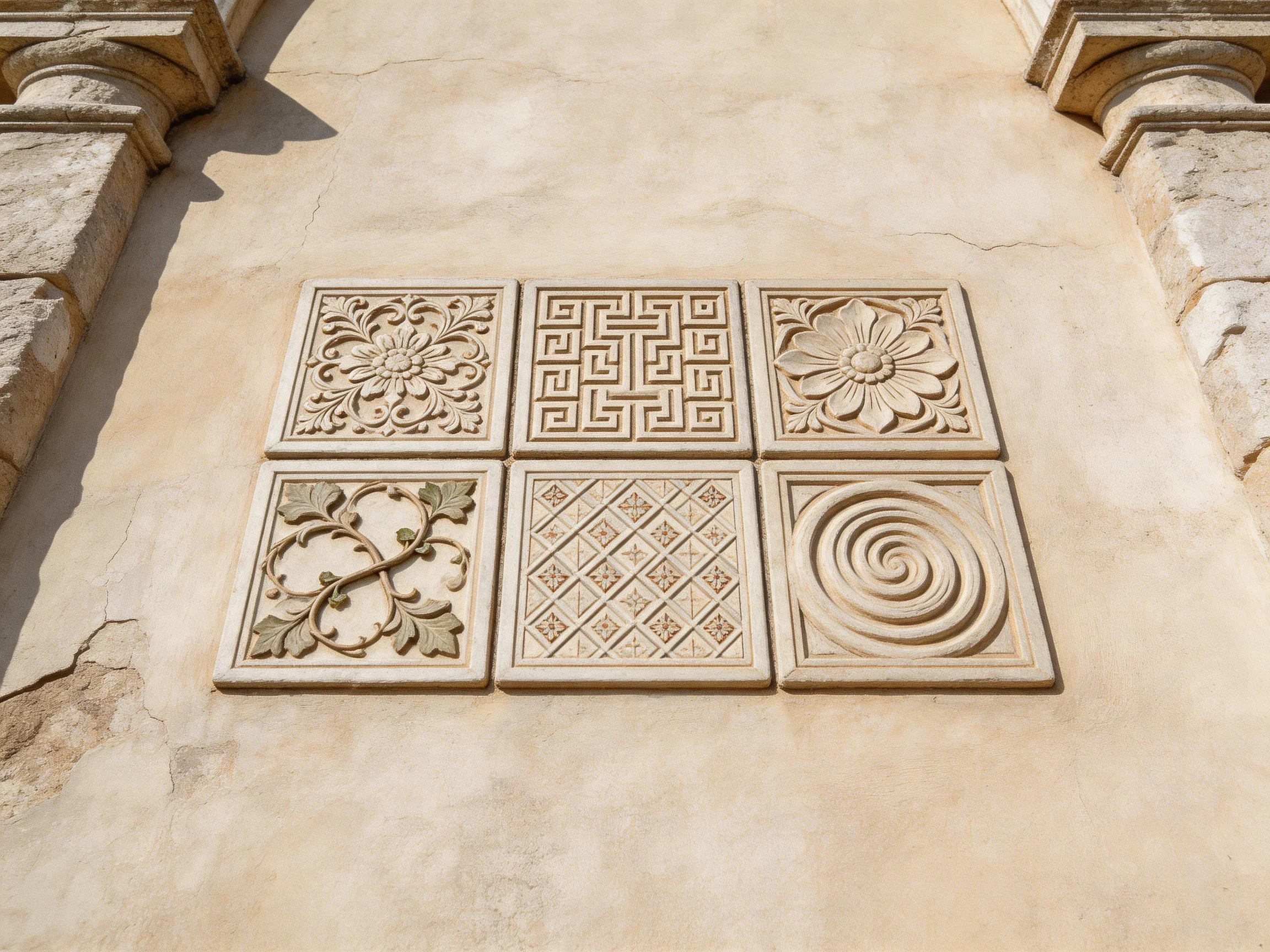 Six intricately carved stone tiles arranged on an aged wall