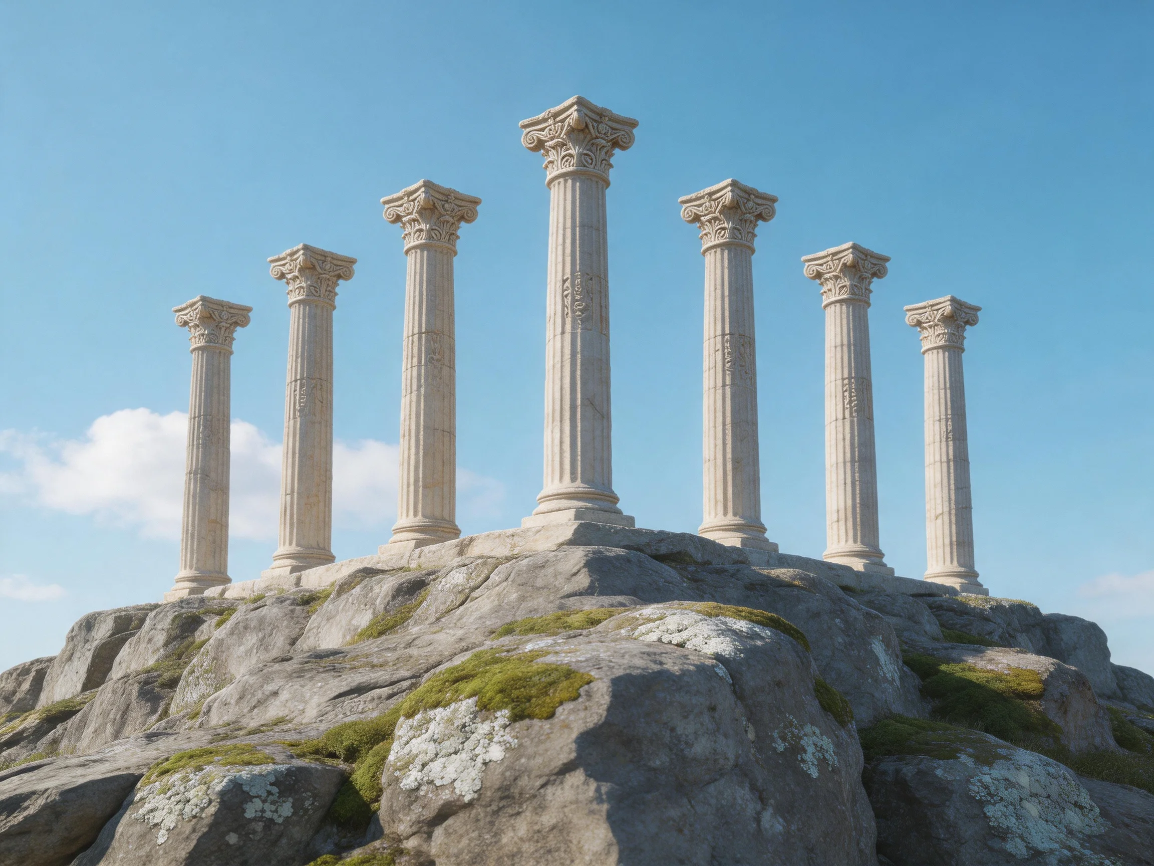 Six ornate stone columns stand on a moss-laden rocky formation under a clear sky