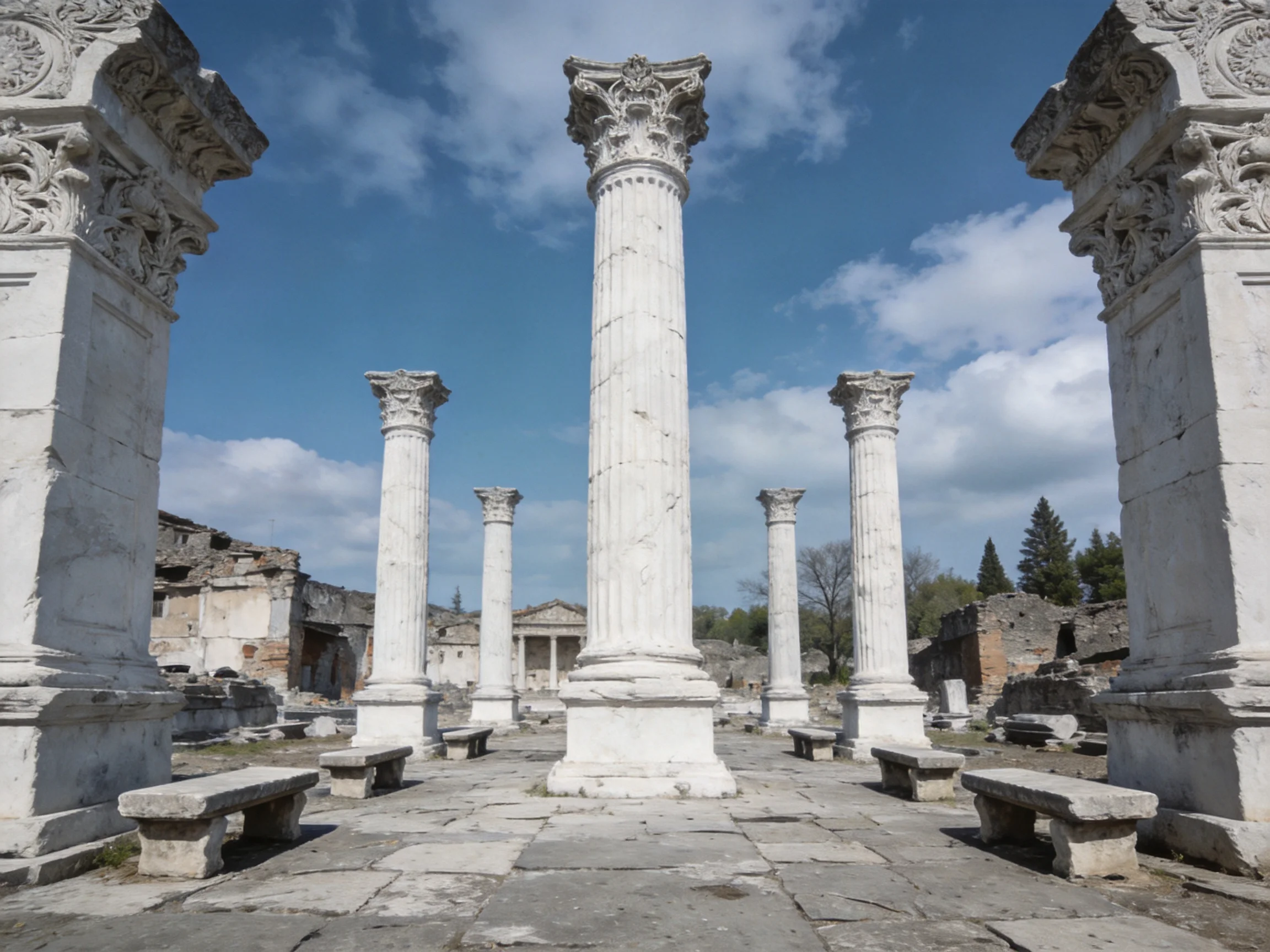 Six ornate white columns amidst weathered ruins under bright blue skies