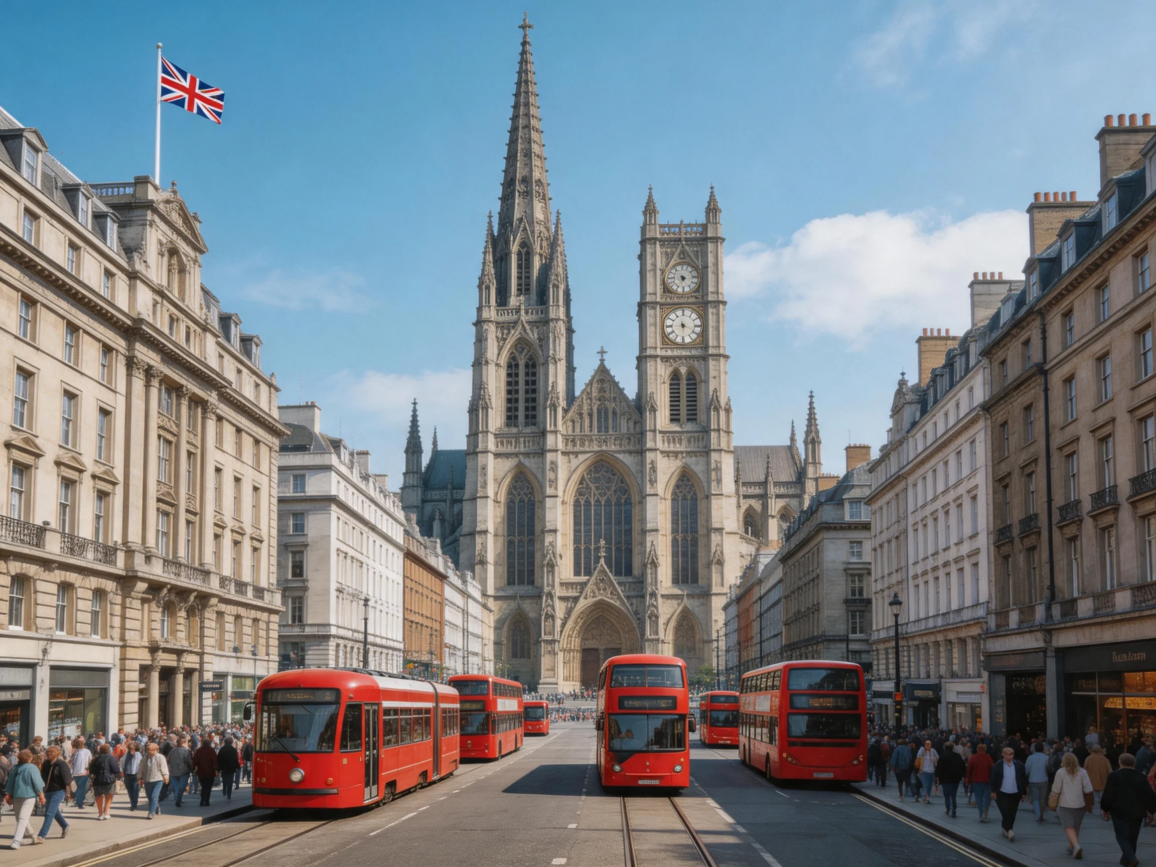 Six red buses near a grand Gothic cathedral with a Union Jack