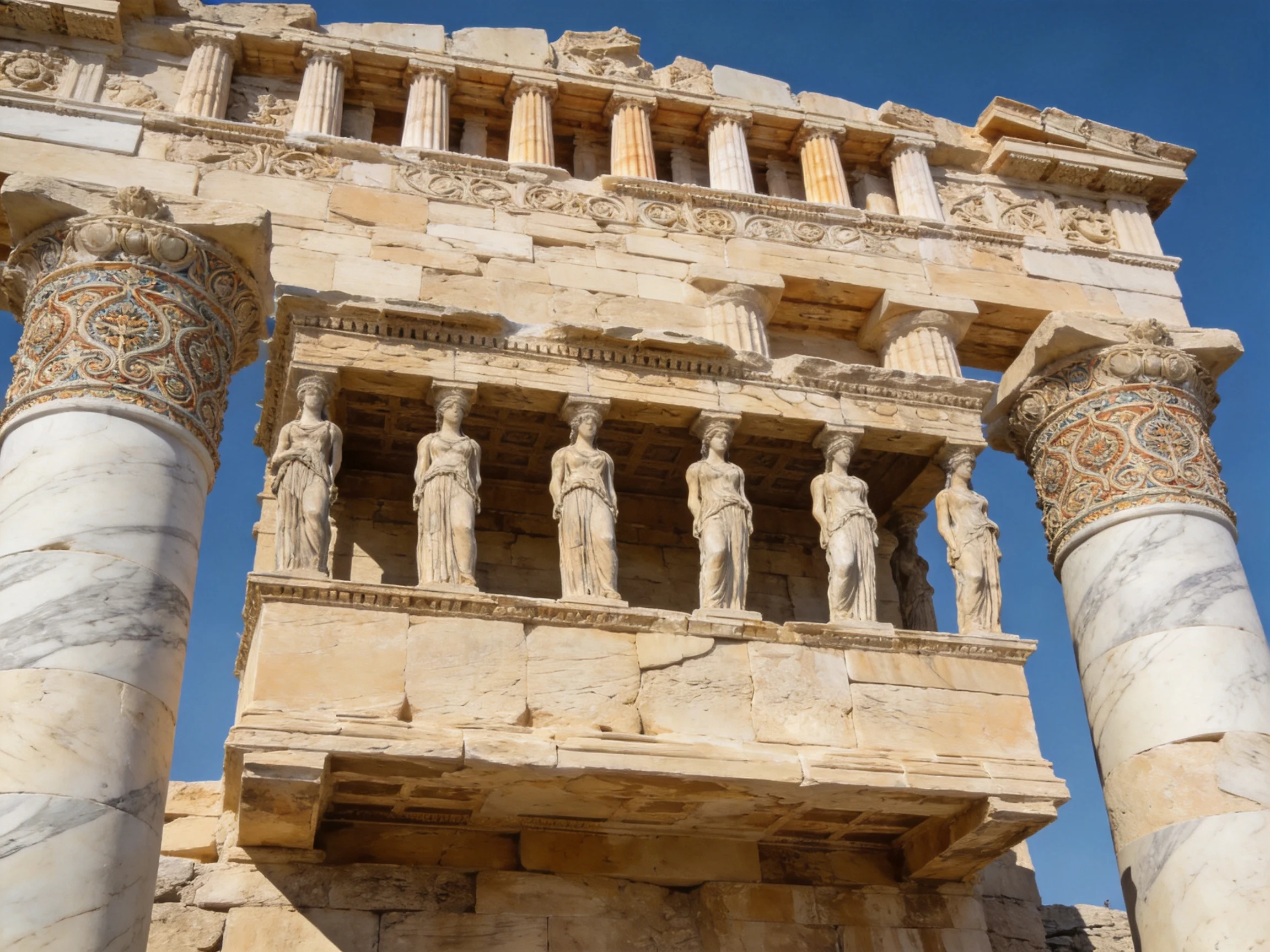 Six statue-decorated ancient stone columns with ornate carvings