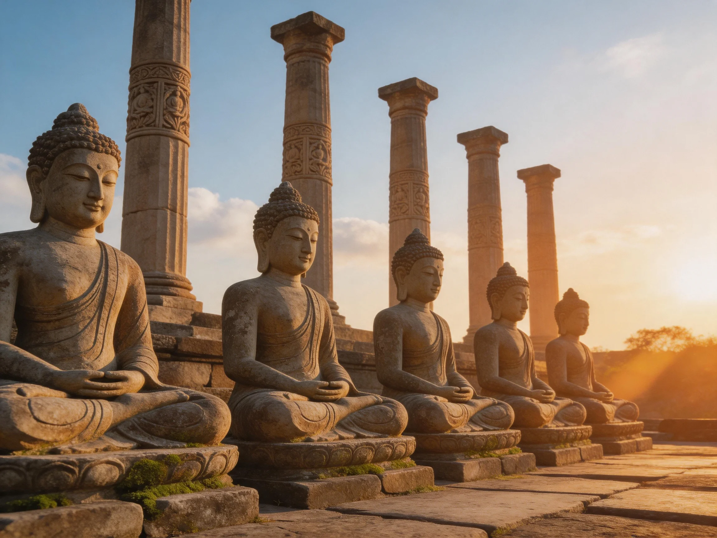 Six stone Buddha statues sit beside ancient columns at sunset