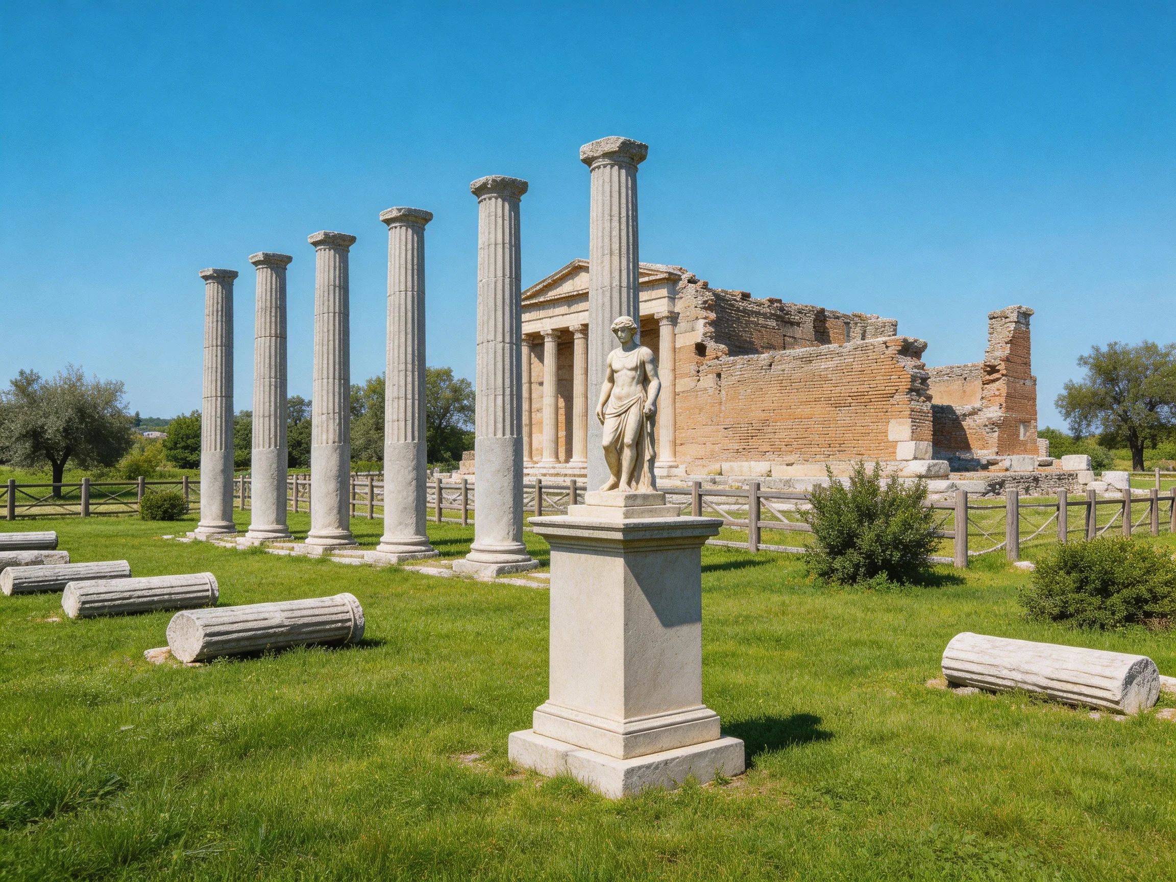 Six stone columns near ancient brick ruins with a statue