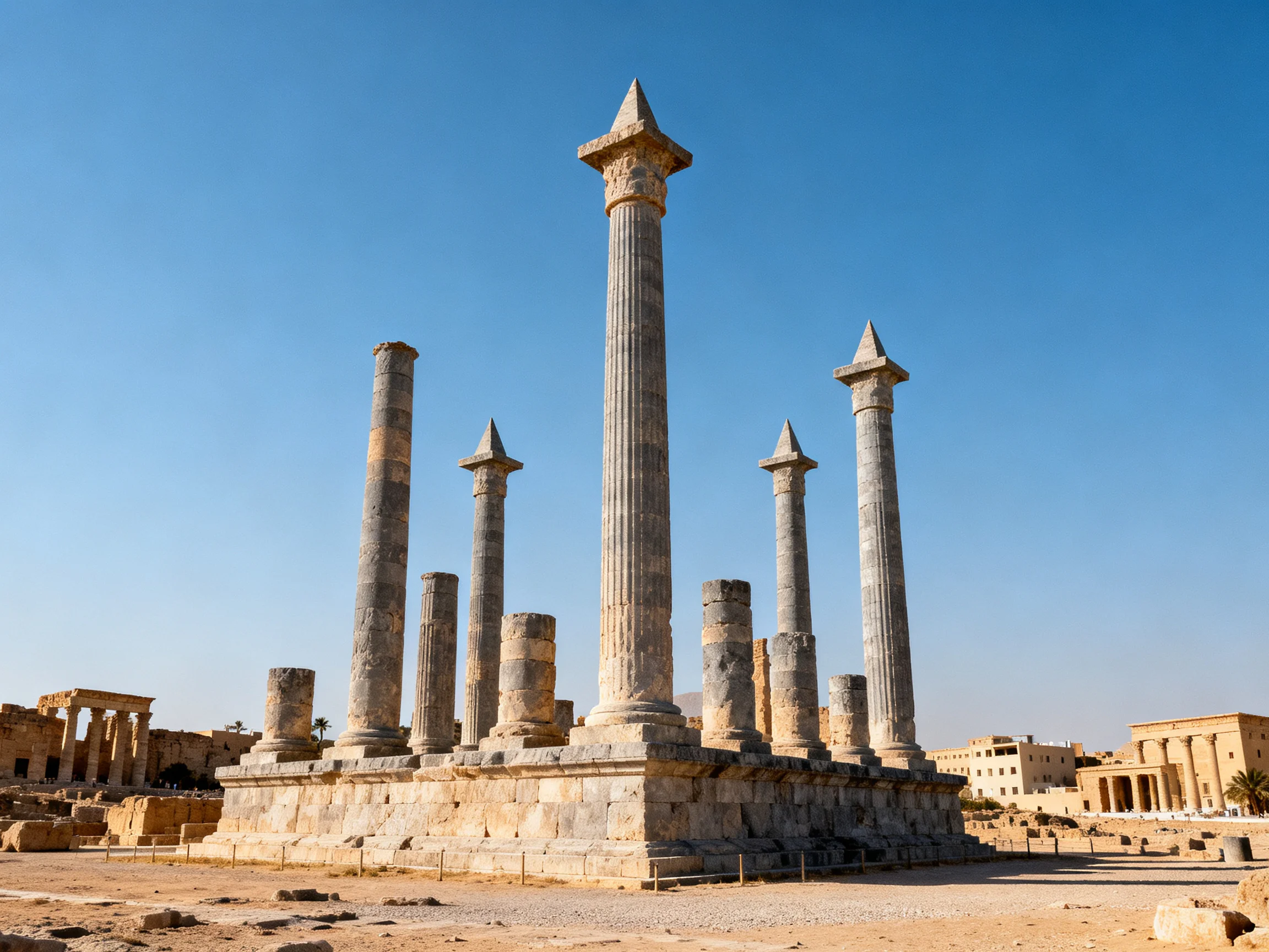 Six tall weathered stone columns stand against a clear blue sky